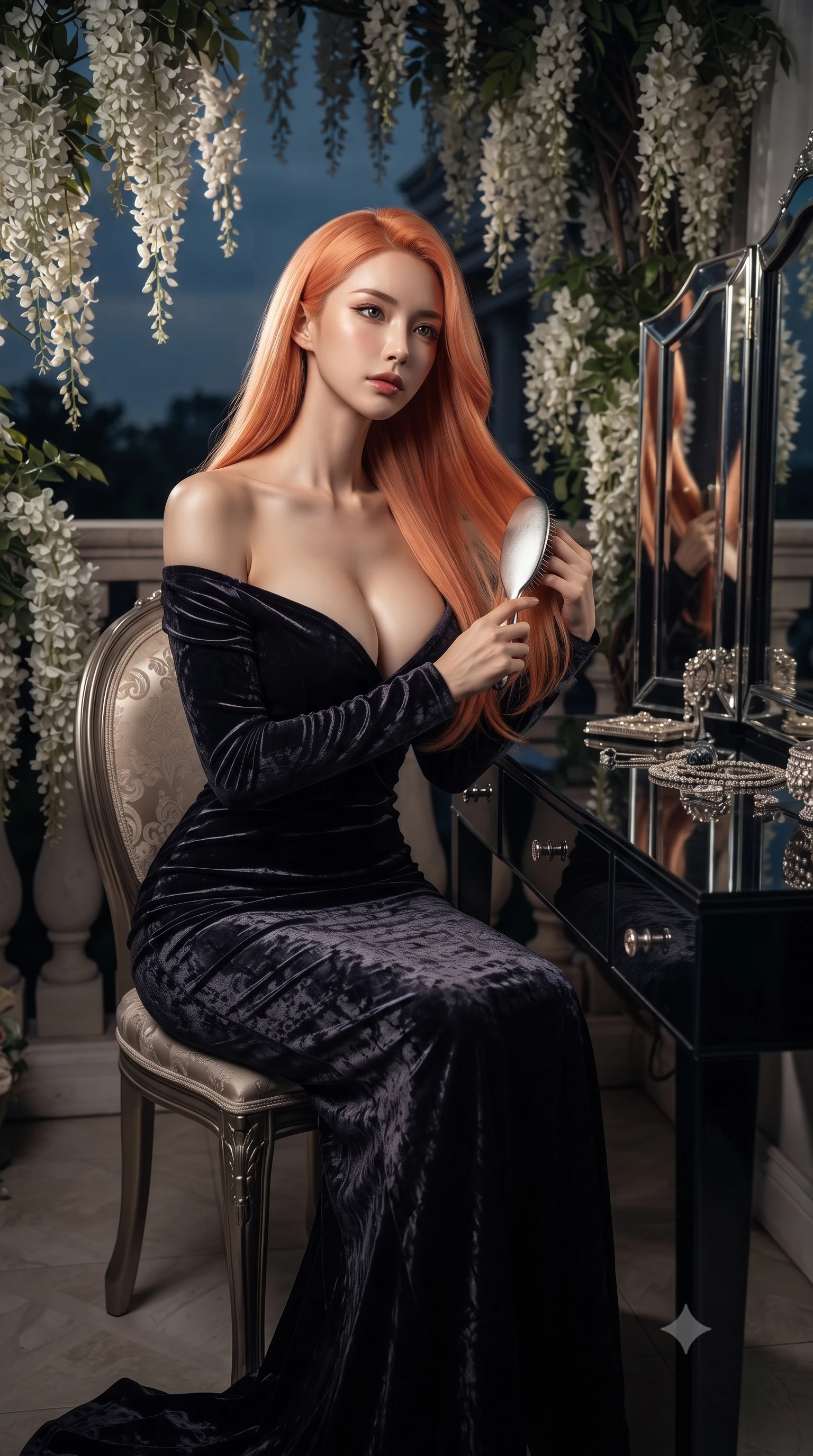 score_9, masterpiece, best quality, ultra-detailed, High-budget Anime Keyframe, editorial fashion photography, tasteful artistic composition, realistic cosplay photography, East Asian woman. Low angle cowboy shot filling the entire 9:16 frame with her statuesque presence. Scenario 258: brushing her hair while seated before a vanity of black glass in a quiet balcony surrounded by trailing white wisteria flowers. Her presence is magnetic and overpowering in this high-budget cinematic scene. Outfit 258: a slim-fit crushed dark velvet long with a low-cut shoulder and wet-look texture. The clothing is designed to emphasize her exceptionally tall and slender 8-heads proportion. 8-heads proportion, towering silhouette, ultra-slim waist. sharp v-shaped jawline, intricate jewel-like eyes with depth, thick eyelashes, glossy lips. ultra-reflective glossy finish, specular highlights, metallic sheen, high-contrast stereoscopic depth, volumetric dynamic lighting, 2k, ultra detail, master piece, 9:16 ratio