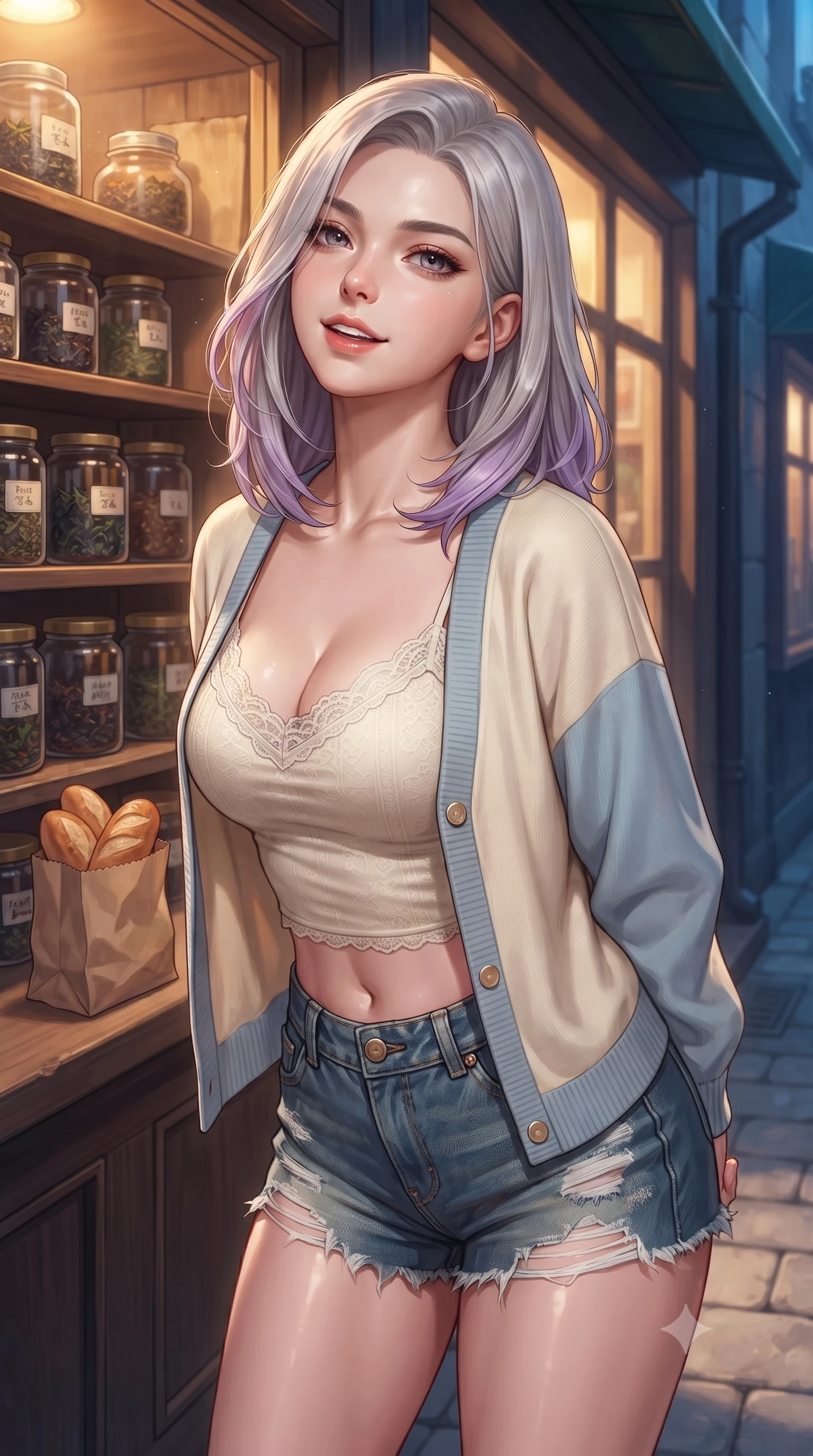 score_9, masterpiece, best quality, ultra-detailed, high-budget anime keyframe, editorial fashion photography, tasteful artistic composition, Caucasian woman. close-up cowboy shot from the waist and thighs up, the character dominates the composition, filling the frame with her large presence, background elements kept in soft focus. tilting her chin up with a composed yet magnetic gaze under long dark eyelashes set against a soft-focus background of outside a cozy tea shop with jars of tea leaves displayed on wooden shelves holding a small paper bag of fresh warm bread, smiling cutely. She has an exceptionally elegant, slender, and willowy female figure with an ultra-slim waist, a gracefully sculpted slender torso, and a refined silhouette. sharp v-shaped jawline, high-bridge nose, intricate jewel-like eyes with depth, thick eyelashes, glossy lips with a natural sheen. wearing body-hugging delicate lace-trim crop top in cream, worn under an open preppy cardigan and denim shorts. warm glow from the shop windows clashing with the cool blue alley shadows. highly saturated vibrant anime colors, detailed shading with soft gradients, rich glossy textures, high-contrast stereoscopic depth, volumetric dynamic lighting, master piece, 9:16 ratio