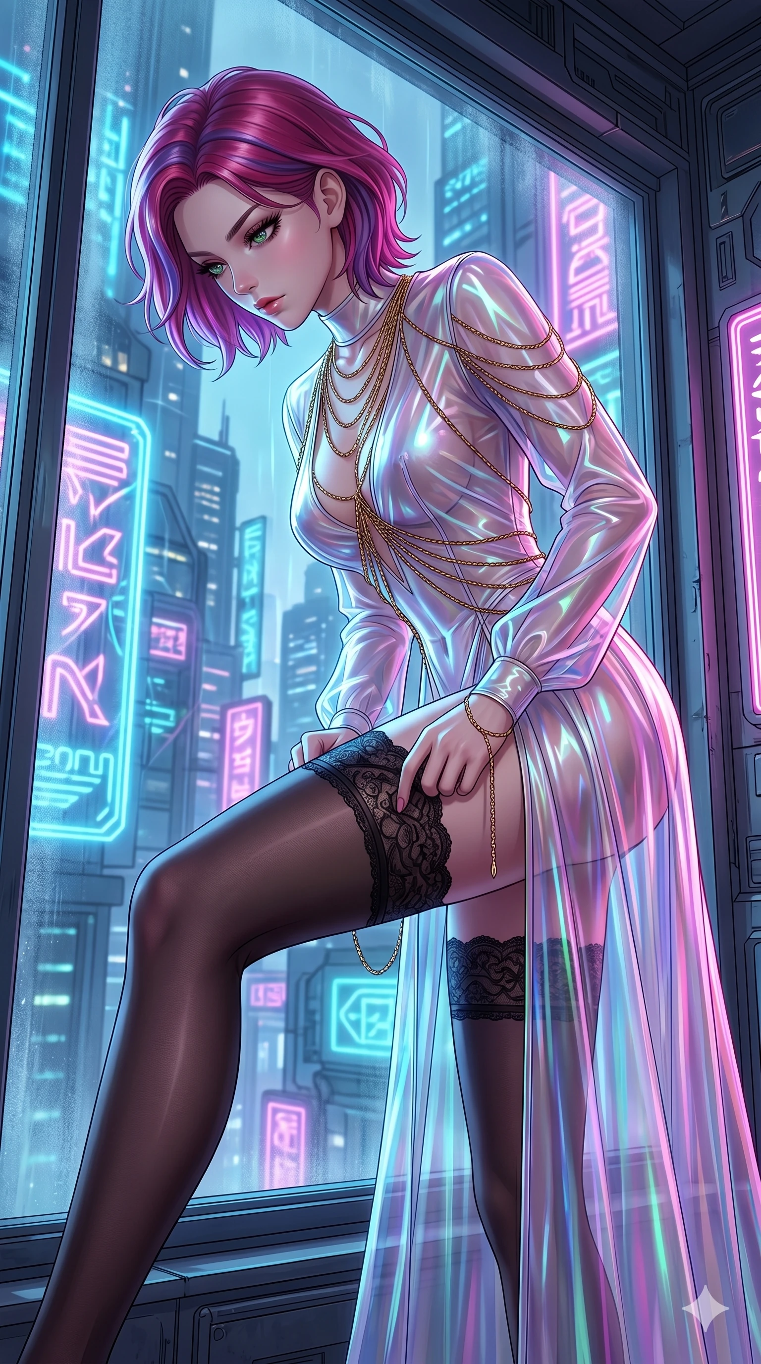 score_9, masterpiece, best quality, ultra-detailed, High-budget Anime Keyframe, East Asian woman. Low angle cowboy shot filling the entire 9:16 frame with her statuesque presence. Scenario 227: Adjusting her thigh-high stocking by a glowing neon window. Her presence is magnetic and overpowering in this high-budget anime scene. Outfit 227: A translucent PVC long with a backless design and fine gold chains. The clothing is designed to emphasize her exceptionally tall and slender 8-heads proportion. 8-heads proportion, towering silhouette, ultra-slim waist. sharp v-shaped jawline, intricate jewel-like eyes with depth, thick eyelashes, glossy lips. 2k, ultra detail, master piece, 9:16 ratio