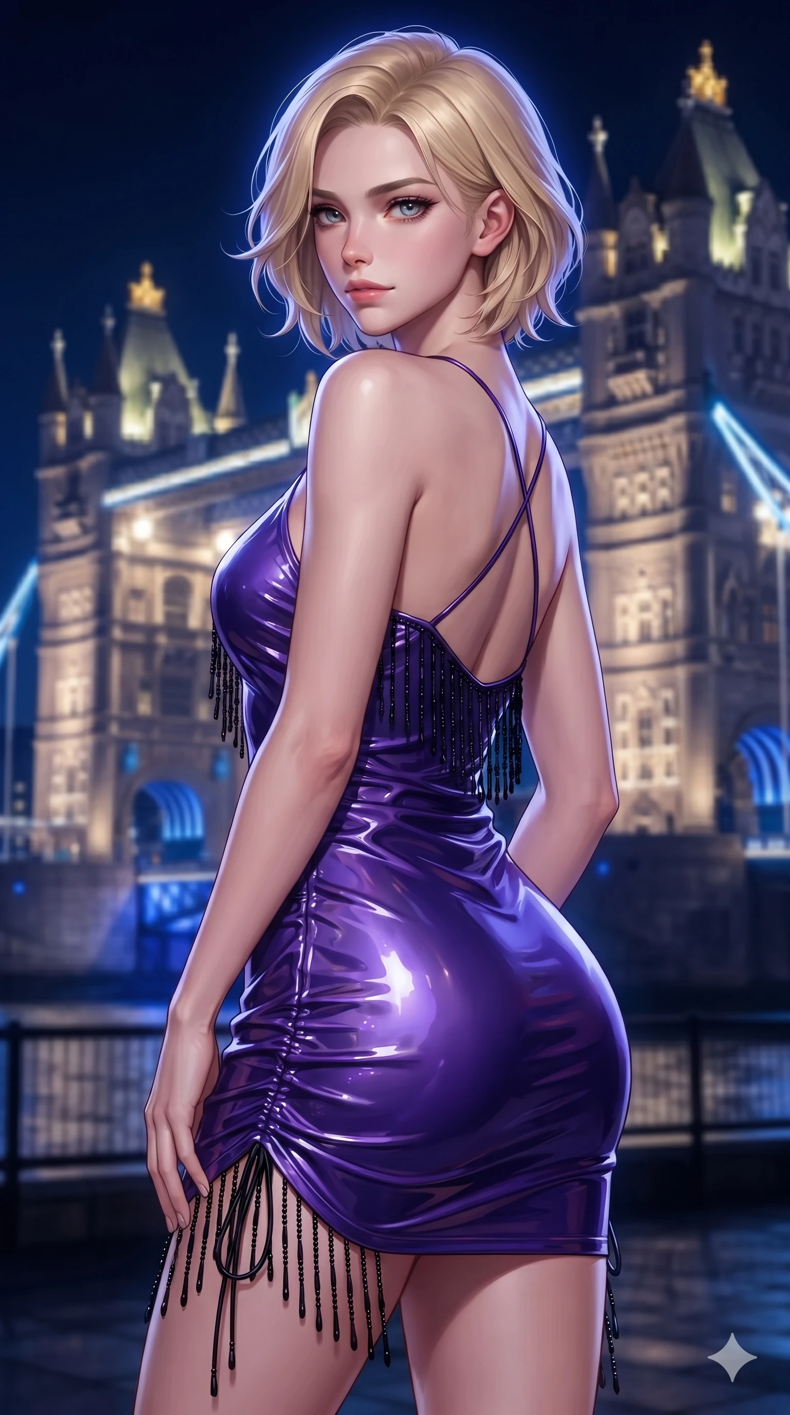 score_9, masterpiece, best quality, ultra-detailed, high-budget anime keyframe, editorial fashion photography, tasteful artistic composition, Caucasian woman. close-up cowboy shot from the waist and thighs up, the character dominates the composition, filling the frame with her large presence. glancing down over lowered lashes before meeting the camera with quiet, devastating intensity, her tailored outfit tracing her ultra-slim waist and hips while posing in an alluring rear three-quarter angle, turning over a bare shoulder with an intoxicating, smoldering gaze, her hips cocked back to highlight her slim hourglass curve. The surrounding environment is rendered in vivid detail and crisp panoramic clarity: detailed silk satin slip drape, delicate back strap criss-cross, and gothic architectural lines in razor-sharp precision. She has an exceptionally elegant, slender, and willowy female figure with an ultra-slim waist, flat toned midriff, narrow ribcage, and sculpted feminine hips creating an alluring, slim hourglass silhouette without bulk. sharp v-shaped jawline, high-bridge nose, intricate jewel-like dark sparkling eyes with dangerous depth, thick curled eyelashes, glossy parted lips with a rich wine sheen, smoldering seductive half-smile with bedroom-eyes, exuding effortless superiority and intoxicating dark allure, flawlessly proportioned anatomical accuracy, strict slender model proportions, natural body alignment, perfectly sculpted long slender limbs, ultra-slim waistline, clean dynamic posture without body distortion. wearing a liquid-look vinyl mini dress with an asymmetric neckline and hip-defining side ruching in ultraviolet neon and dark rain-soaked shadow tones, made of fluid liquid jersey with seamless sculpting hold and smooth contours, accented with fine jet-black beaded tassels that sway with each movement, the liquid-tight tailored fabric clinging flawlessly to her narrow waist and rounded feminine hips, emphasizing every millimeter of her sculpted slim hourglass curves without any bulky heaviness. bathed in intense cobalt floodlights contrasting with golden architectural spotlights illuminating the bridge towers. ultra-reflective glossy finish, specular highlights, rich textural contrasts, high-contrast stereoscopic depth, volumetric dynamic lighting, 2k, ultra detail, master piece, 9:16 ratio