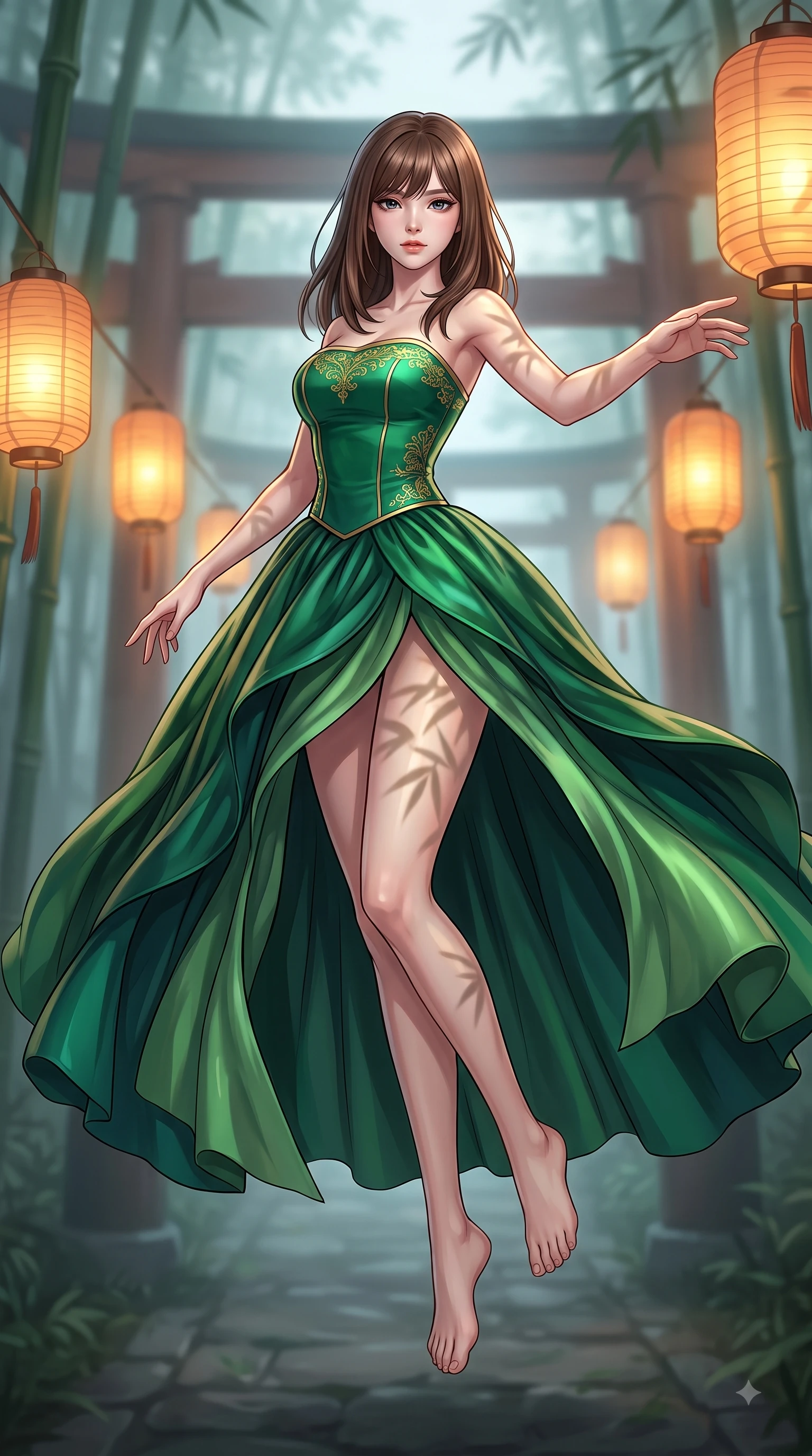 score_9, masterpiece, best quality, ultra-detailed, high-budget anime keyframe, editorial fashion photography, tasteful artistic composition, Korean woman woman. low angle full-body shot from head to toe showing her feet, filling the entire 9:16 vertical frame with her statuesque presence, stretching her vertical silhouette. She has an absolutely perfect, statuesque 8.5-heads proportion, an exceptionally tall and slender model-like female figure with impossibly long slender legs and an ultra-slim waist. floating dynamically in zero-gravity with flawless poise, reaching her hand forward gracefully, flawlessly proportioned anatomical accuracy, natural body alignment, perfectly sculpted elegant limbs, clean dynamic posture without body distortion. set against a soft-focus background of a misty bamboo torii shrine path with glowing paper lanterns. wearing a modern fusion silk hanbok dress with a structured emerald bodice and flowing layered skirt. bathed in warm amber lantern light casting soft organic bamboo leaf stencil shadows. highly saturated vibrant anime colors, detailed shading with soft gradients, rich glossy textures, high-contrast stereoscopic depth, volumetric dynamic lighting, master piece, 9:16 ratio