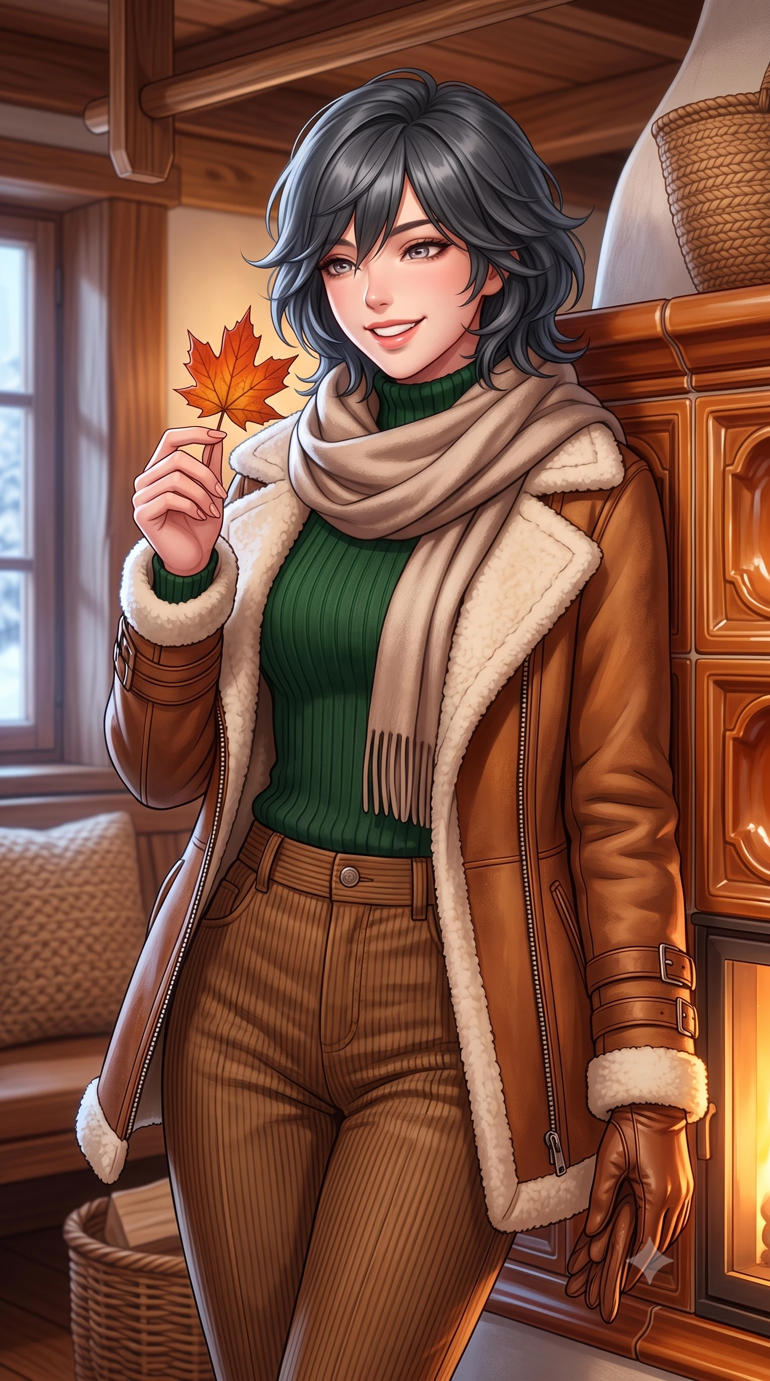 score_9, masterpiece, best quality, ultra-detailed, high-budget anime keyframe, semi-realistic 3D game render, editorial fashion photography, tasteful artistic composition, Caucasian woman. close-up cowboy shot from the waist and thighs up, the character dominates the composition, filling the frame with her large presence. holding a single autumn leaf delicately between manicured fingers, admiring it with a cheerful, parted-lip smile while leaning against the warm ceramic tiles of the traditional Kachelofen stove, wrapped in a luxurious blanket scarf with cozy contented grace. The surrounding environment is rendered in vivid detail and crisp panoramic clarity: detailed roll-neck cashmere sweater weave, tailored corduroy trouser ribs, and master alpine joinery in high resolution. She has an exceptionally elegant, slender, and willowy female figure with an ultra-slim waist, flat toned midriff, narrow ribcage, and sculpted feminine hips creating an alluring, slim hourglass silhouette without bulk. sharp v-shaped jawline, high-bridge nose, intricate jewel-like sparkling eyes with depth, thick eyelashes, glossy parted lips with a natural peach sheen, bright cheerful beaming smile with an enchanting and coquettish sensual glint, exuding both youthful cute charm and seductive allure, flawlessly proportioned anatomical accuracy, strict slender model proportions, natural body alignment, perfectly sculpted long slender limbs, ultra-slim waistline, clean dynamic posture without body distortion. wearing a plush shearling-trimmed suede aviator coat layered over a cozy ribbed merino knit sweater and tailored corduroy pants in heritage British racing green and warm cognac brown, woven from fine Australian merino wool with a smooth fluid drape and subtle sheen, complemented by buttery leather gloves held delicately in one manicured hand, the streamlined silhouette following her natural slender proportions with sophisticated poise, enhancing her tall willowy presence. bathed in cozy 2700K warm ambient candlelight and soft porcelain stove radiance combined with cool winter window light. highly saturated vibrant anime colors, detailed shading with soft gradients, rich glossy textures, high-contrast stereoscopic depth, volumetric dynamic lighting, master piece, 9:16 ratio