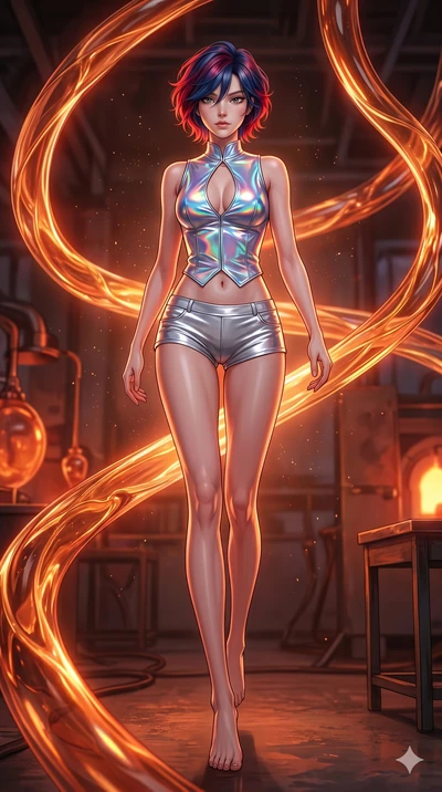 score_9, masterpiece, best quality, ultra-detailed, high-budget anime keyframe, Korean woman. low angle full-body shot filling the entire 9:16 frame with her statuesque presence, stretching the vertical silhouette. bounding through a molten glass art