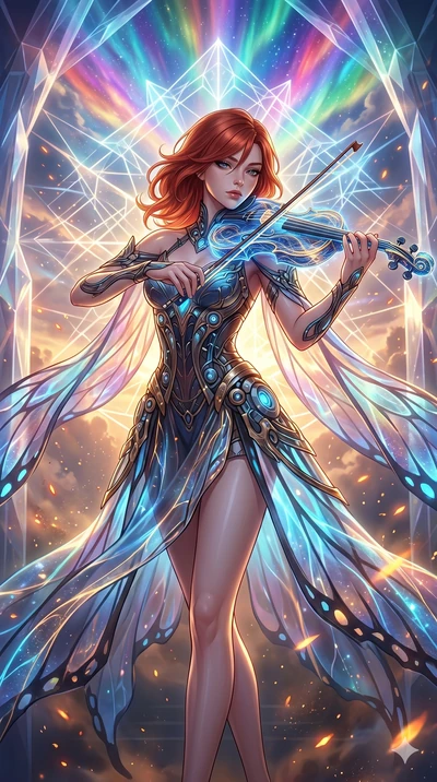 score_9, masterpiece, best quality, ultra-detailed, Set A: High-budget Anime Keyframe, Korean woman. Upper body close-up from the thighs up, character filling the screen for maximum presence. Theme: Ethereal Dream. playing a holographic violin in a t