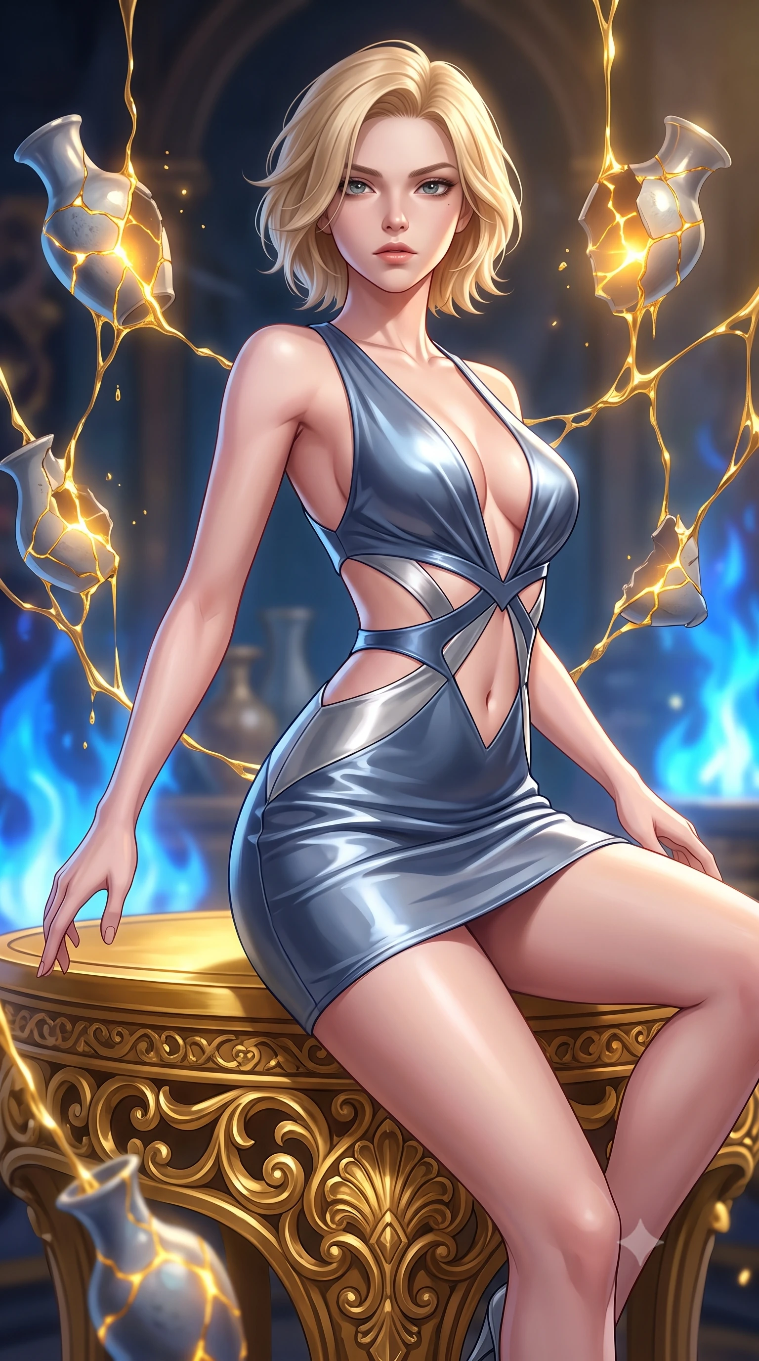 score_9, masterpiece, best quality, ultra-detailed, high-budget anime keyframe, editorial fashion photography, tasteful artistic composition, Caucasian woman. close-up cowboy shot from the waist and thighs up, the character dominates the composition, filling the frame with her large presence, background elements kept in soft focus. Gazing past the lens with composed intensity as her torso curves dynamically in mid-motion while balancing on a golden filigree altar as liquid gold streams connect suspended vase fragments, luminous gold kintsugi seams glowing with intense golden inner radiance. She has an exceptionally elegant, slender, and willowy female figure with an ultra-slim waist, a gracefully sculpted slender torso, and a refined silhouette. sharp v-shaped jawline, high-bridge nose, intricate jewel-like eyes with depth, thick eyelashes, glossy lips with a natural sheen, flawlessly proportioned anatomical accuracy, natural body alignment, perfectly sculpted elegant limbs, clean dynamic posture without body distortion. wearing a liquid mercury gloss mini dress with ultra-deep V-neck and waist cutouts in slate blue and metallic silver, crafted from smooth liquid silk, featuring subtle geometric cutouts that highlight her ultra-slim midriff, the elegant draped fit framing her graceful clavicle and slender torso. illuminated by a dramatic contrast of sapphire alchemy flames and warm golden glow. highly saturated vibrant anime colors, detailed shading with soft gradients, rich glossy textures, high-contrast stereoscopic depth, volumetric dynamic lighting, master piece, 9:16 ratio