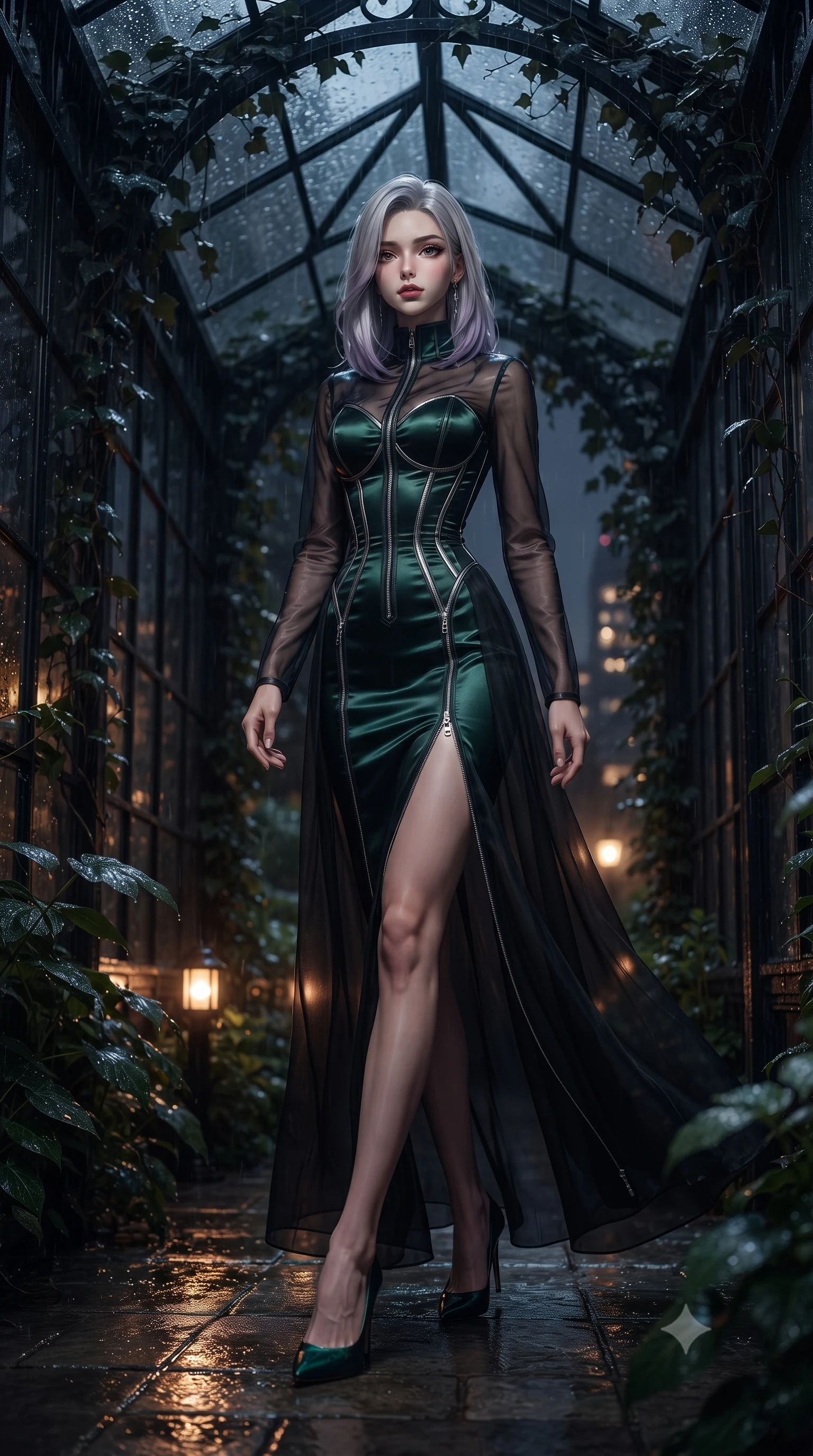 score_9, masterpiece, best quality, ultra-detailed, high-budget anime keyframe, editorial fashion photography, tasteful artistic composition, Caucasian woman. low angle full-body shot from head to toe showing her feet, filling the entire 9:16 vertical frame with her statuesque presence, stretching her vertical silhouette. stepping gracefully through the dark environment, stretching her statuesque silhouette, poised under a dark glass pergola covered in rain-slicked dark ivy, dark rain-slicked plant leaves framing the night scene in soft focus. She has an absolutely perfect, statuesque 8.5-heads proportion, an exceptionally tall and slender model-like female figure with impossibly long slender legs and an ultra-slim waist. sharp v-shaped jawline, high-bridge nose, intricate jewel-like eyes with depth, thick eyelashes, glossy lips with a natural sheen. wearing long-sleeved dark emerald satin gown with high structured neckline in smoky pitch black, made of sheer dark organza overlay, finished with metallic silver boning and sleek zipper points, highlighting her statuesque proportions and ultra-slim waistline. illuminated by low warm amber garden lights and distant city skyglow. highly saturated vibrant anime colors, detailed shading with soft gradients, rich glossy textures, high-contrast stereoscopic depth, volumetric dynamic lighting, master piece, 9:16 ratio