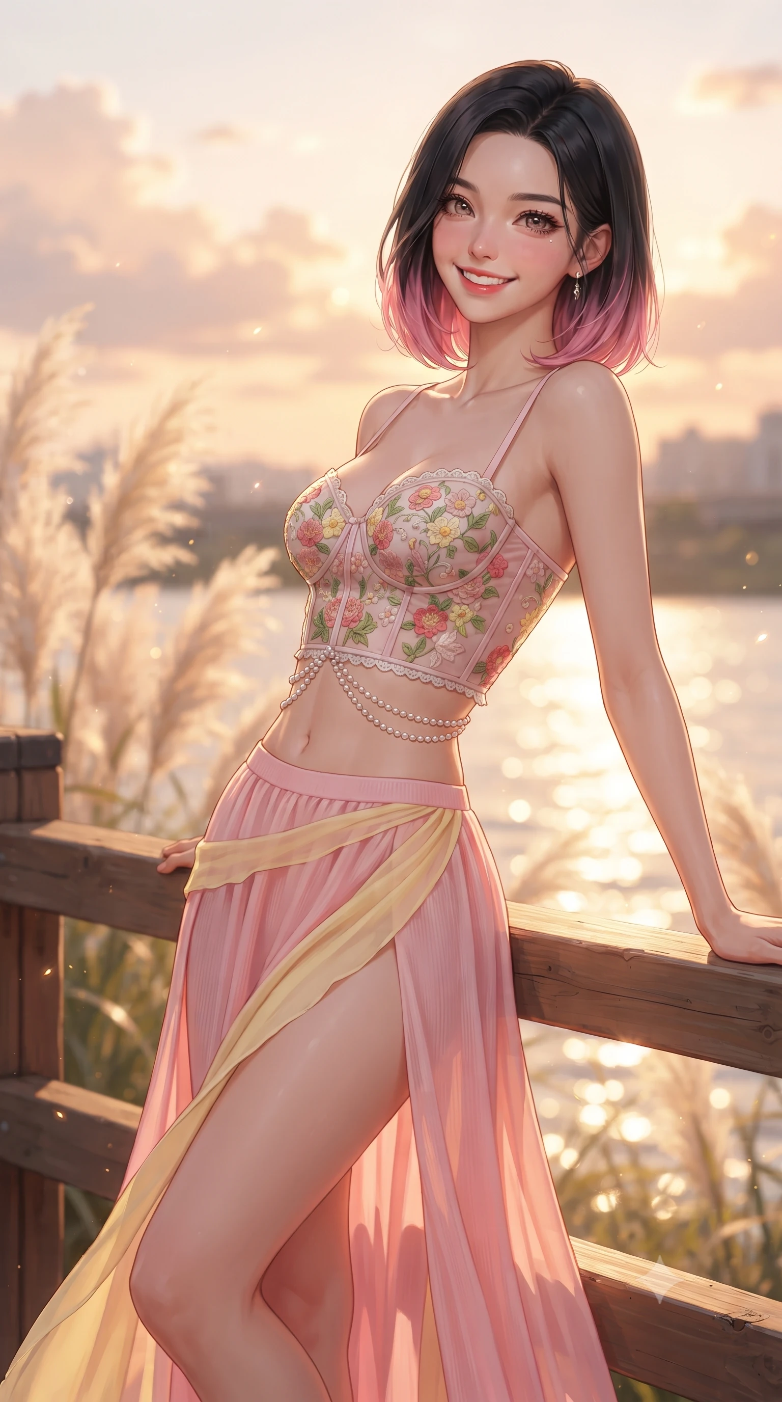 score_9, masterpiece, best quality, ultra-detailed, high-budget anime keyframe, editorial fashion photography, tasteful artistic composition, Korean woman. close-up cowboy shot from the waist and thighs up, the character dominates the composition, filling the frame with her large presence. leaning back against the sunlit railing with relaxed seductive grace, her flat midriff and narrow waist highlighted as she smiles brightly with bewitching eyes while standing poised against the sunset-lit riverbank railing, twisting her slender torso in an alluring contrapposto stance as the river sparkles in gold. The composition keeps background elements in soft focus with dreamy creamy bokeh. swaying pampas grass, sparkling Han River water ripples, and glowing sunset clouds blurred into peach, apricot, and champagne bokeh. She has an exceptionally elegant, slender, and willowy female figure with an ultra-slim waist, flat toned midriff, narrow ribcage, and sculpted feminine hips creating an alluring, slim hourglass silhouette without bulk. sharp v-shaped jawline, high-bridge nose, intricate jewel-like sparkling eyes with depth, thick eyelashes, glossy parted lips with a natural peach sheen, bright cheerful beaming smile with an enchanting and coquettish sensual glint, exuding both youthful cute charm and seductive allure, flawlessly proportioned anatomical accuracy, strict slender model proportions, natural body alignment, perfectly sculpted long slender limbs, ultra-slim waistline, clean dynamic posture without body distortion. wearing a delicate floral embroidery bustier top paired with a flowy high-slit chiffon maxi skirt with a side hip opening in sweet strawberry milk pink and butter yellow, formed from supple second-skin stretch ribbed knit clinging to her form, accented with a dainty pearl waist chain catching the ambient sunlight, the liquid-tight tailored fabric clinging flawlessly to her narrow waist and rounded feminine hips, emphasizing every millimeter of her sculpted slim hourglass curves without any bulky heaviness. illuminated by warm grass bounce light contouring her sculpted collarbones, ultra-slim waist, and curvy hips. ultra-reflective glossy finish, specular highlights, rich textural contrasts, high-contrast stereoscopic depth, volumetric dynamic lighting, 2k, ultra detail, master piece, 9:16 ratio