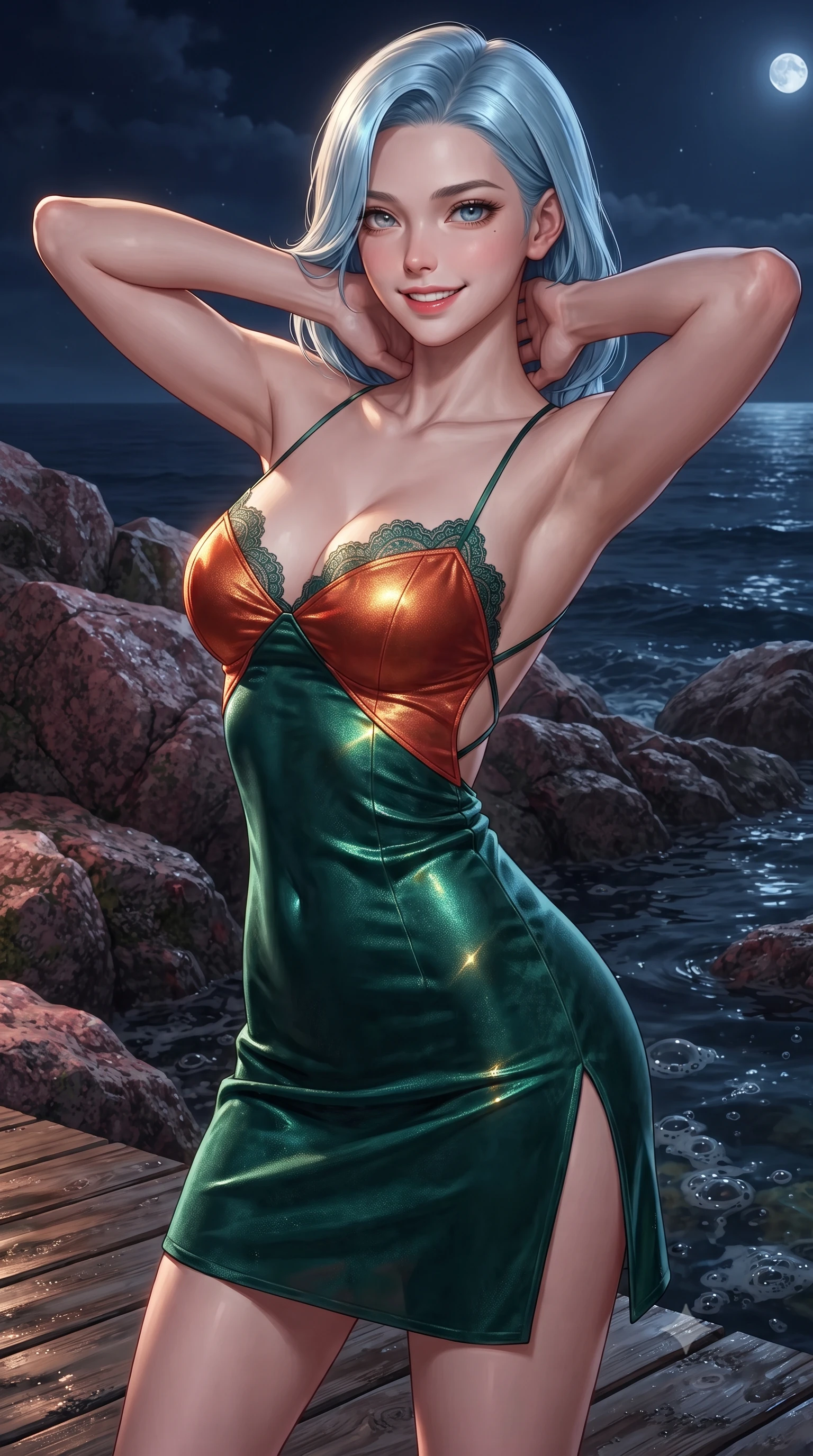 score_9, masterpiece, best quality, ultra-detailed, high-budget anime keyframe, editorial fashion photography, tasteful artistic composition, Korean woman. close-up cowboy shot from the waist and thighs up, the character dominates the composition, filling the frame with her large presence. resting both hands lightly behind her neck with elbows raised, arching her spine to highlight her narrow waist, flat midriff, and breathtaking collarbones while twisting her slender torso in an alluring contrapposto stance, sweeping lighthouse beacon light casting dramatic flashes across her flat midriff. The surrounding environment is rendered in vivid detail and crisp panoramic clarity: sharp rose-pink feldspar granite mineral textures, wet weathered timber deck planks, and ocean foam bubbles in deep focus. She has an exceptionally elegant, slender, and willowy female figure with an ultra-slim waist, flat toned midriff, narrow ribcage, and sculpted feminine hips creating an alluring, slim hourglass silhouette without bulk. sharp v-shaped jawline, high-bridge nose, intricate jewel-like sparkling eyes with depth, thick eyelashes, glossy parted lips with a natural peach sheen, bright cheerful beaming smile with an enchanting and coquettish sensual glint, exuding both youthful cute charm and seductive allure, flawlessly proportioned anatomical accuracy, strict slender model proportions, natural body alignment, perfectly sculpted long slender limbs, ultra-slim waistline, clean dynamic posture without body distortion. wearing a backless liquid lamé mini dress with criss-cross spinal straps and daring side slit in Tanjong Pagar Peranakan jade green and gilded vermilion, tailored from ultra-plush silk velvet with rich tactile depth and deep shadow gradients, finished with scalloped eyelash lace trim framing her sweetheart neckline with intimate elegance, the second-skin tailored fabric adhering flawlessly to her sculpted flat midriff and slender torso, emphasizing her long leg lines and perfectly proportioned willowy build. bathed in periodic sweeping golden lighthouse lamp beams contrasted with deep navy ocean ambient and moonlight. ultra-reflective glossy finish, specular highlights, rich textural contrasts, high-contrast stereoscopic depth, volumetric dynamic lighting, 2k, ultra detail, master piece, 9:16 ratio