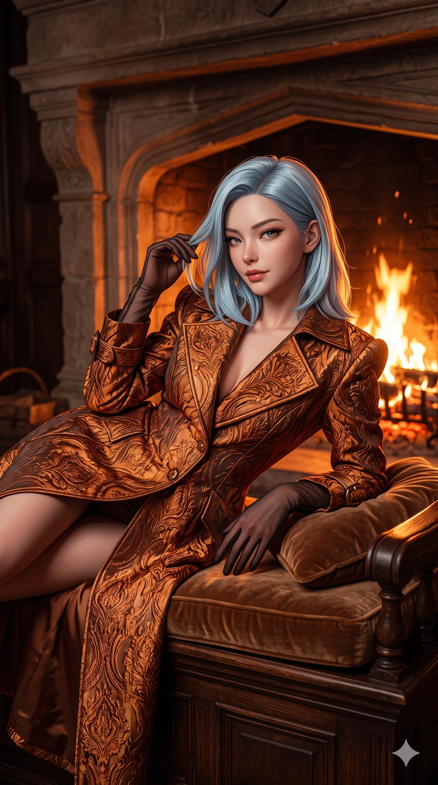 score_9, masterpiece, best quality, ultra-detailed, high-budget anime keyframe, semi-realistic 3D game render, editorial fashion photography, tasteful artistic composition, Korean woman. close-up cowboy shot from the waist and thighs up, the character dominates the composition, filling the frame with her large presence. gently brushing a lock of hair behind her ear while casting a playful, flirtatious side-gaze with long eyelashes while reclining gracefully across the heavy velvet-cushioned inglenook bench with legs extended, displaying her long slender limbs and statuesque presence. The surrounding environment is rendered in vivid detail and crisp panoramic clarity: detailed anime keyframe lines, rich fabric textures, and monumental fortress craftsmanship in razor-sharp precision. She has an exceptionally elegant, slender, and willowy female figure with an ultra-slim waist, flat toned midriff, narrow ribcage, and sculpted feminine hips creating an alluring, slim hourglass silhouette without bulk. sharp v-shaped jawline, high-bridge nose, intricate jewel-like eyes with depth, thick eyelashes, glossy parted lips with a natural sheen, intensely captivating and seductive bedroom-eyes expression, flawlessly proportioned anatomical accuracy, strict slender model proportions, natural body alignment, perfectly sculpted long slender limbs, ultra-slim waistline, clean dynamic posture without body distortion. wearing an architectural evening trench coat in metallic jacquard with structured shoulders and horn buckle cuffs in rich copper bronze and warm amber, crafted from bespoke double-faced cashmere with an exceptionally soft tactile finish, complemented by sheer opera-length evening gloves tracing her slender arms, the bespoke structured tailoring following the natural line of her 8.5-heads silhouette with refined elegance. illuminated by dynamic warm 2000K roaring firelight casting deep sculpted shadows and radiant amber rim lights across her body. highly saturated vibrant anime colors, detailed shading with soft gradients, rich glossy textures, high-contrast stereoscopic depth, volumetric dynamic lighting, master piece, 9:16 ratio