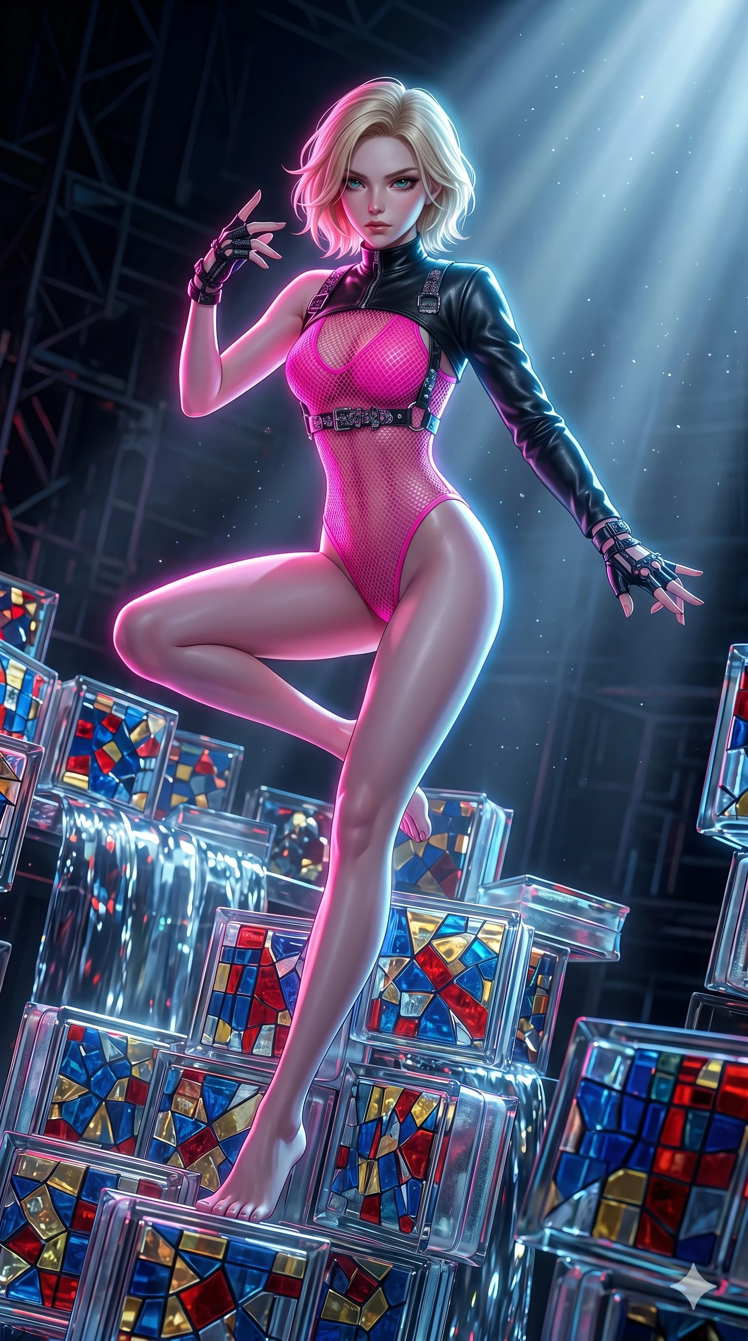 score_9, masterpiece, best quality, ultra-detailed, high-budget anime keyframe, Japanese woman. upper body close-up from the thighs up, character filling the screen for maximum presence. balancing on cubist glass blocks that cascade like a waterfall, reflecting complex mosaic patterns and primary colors. She has an absolutely perfect 8-heads proportion, an exceptionally tall and slender female figure with impossibly long slender legs and an ultra-slim waist. V-shaped jawline, high-bridge nose, intricate jewel-like eyes with depth, thick eyelashes, glossy lips with a natural sheen.. wearing a fluorescent pink mesh bodysuit, styled with a cropped single-sleeve black leather shrug for a bold stage look. bathed in brilliant cinematic volumetric lighting and intense neon rim light highlighting her slender form. 2k, ultra detail, master piece, 9:16 ratio