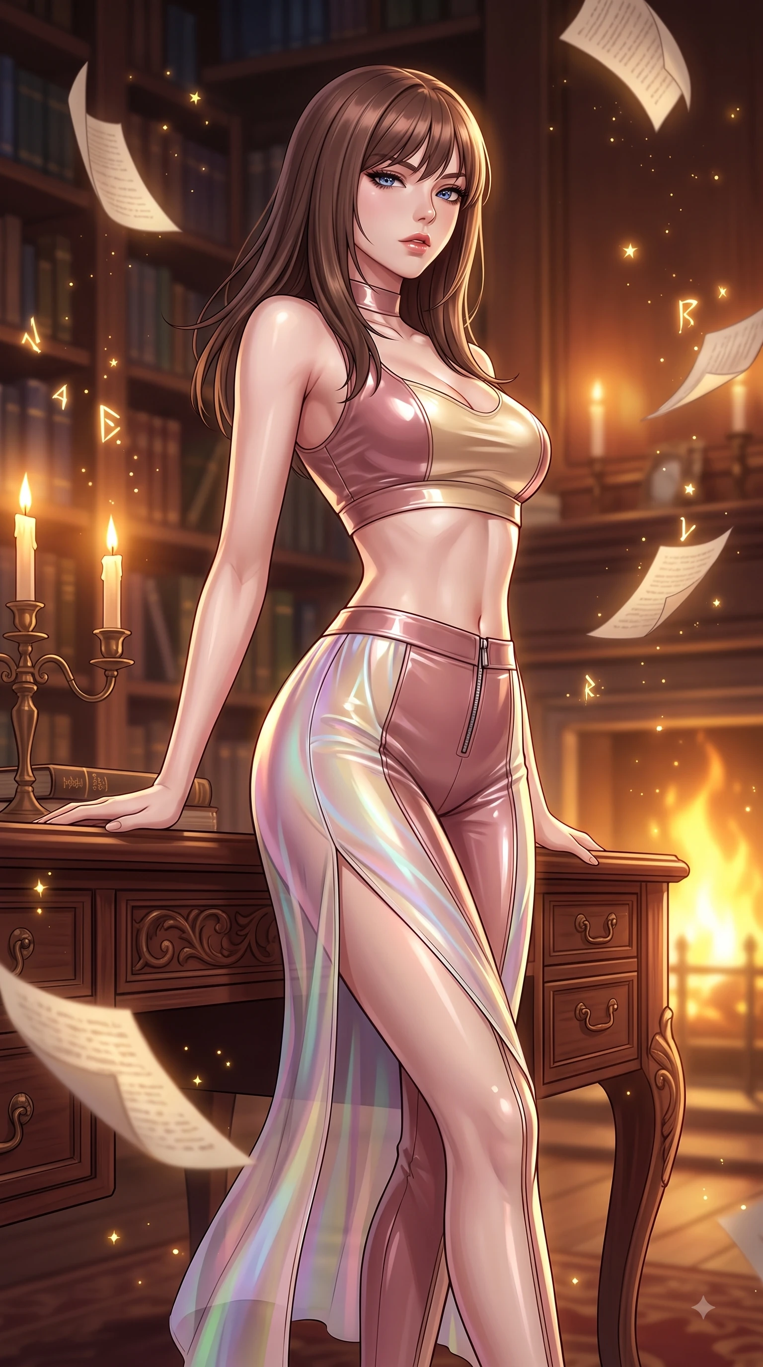 score_9, masterpiece, best quality, ultra-detailed, high-budget anime keyframe, editorial fashion photography, tasteful artistic composition, Korean woman. close-up cowboy shot from the waist and thighs up, the character dominates the composition, filling the frame with her large presence, background elements kept in soft focus. Gazing past the lens with smoldering intensity as her torso curves dynamically in mid-stride while leaning back against a carved mahogany reading desk in an antique library lit by warm candlelight, floating paper pages and glowing spell runes scattering golden starlight dust motes. She has an exceptionally elegant, slender, and willowy female figure with an ultra-slim waist, a gracefully sculpted slender torso, and a refined silhouette. sharp v-shaped jawline, high-bridge nose, intricate jewel-like eyes with depth, thick eyelashes, glossy lips with a natural sheen, flawlessly proportioned anatomical accuracy, natural body alignment, perfectly sculpted elegant limbs, clean dynamic posture without body distortion. wearing a glossy vinyl crop top and high-waist tailored leggings with sleek zippers in dusty rose and champagne gold, crafted from iridescent chiffon that shifts colors in the light, finished with a sleek side slit ascending to mid-thigh, the elegant draped fit framing her graceful clavicle and slender torso. bathed in rich amber candlelight and warm golden hearth flame backlighting. highly saturated vibrant anime colors, detailed shading with soft gradients, rich glossy textures, high-contrast stereoscopic depth, volumetric dynamic lighting, master piece, 9:16 ratio