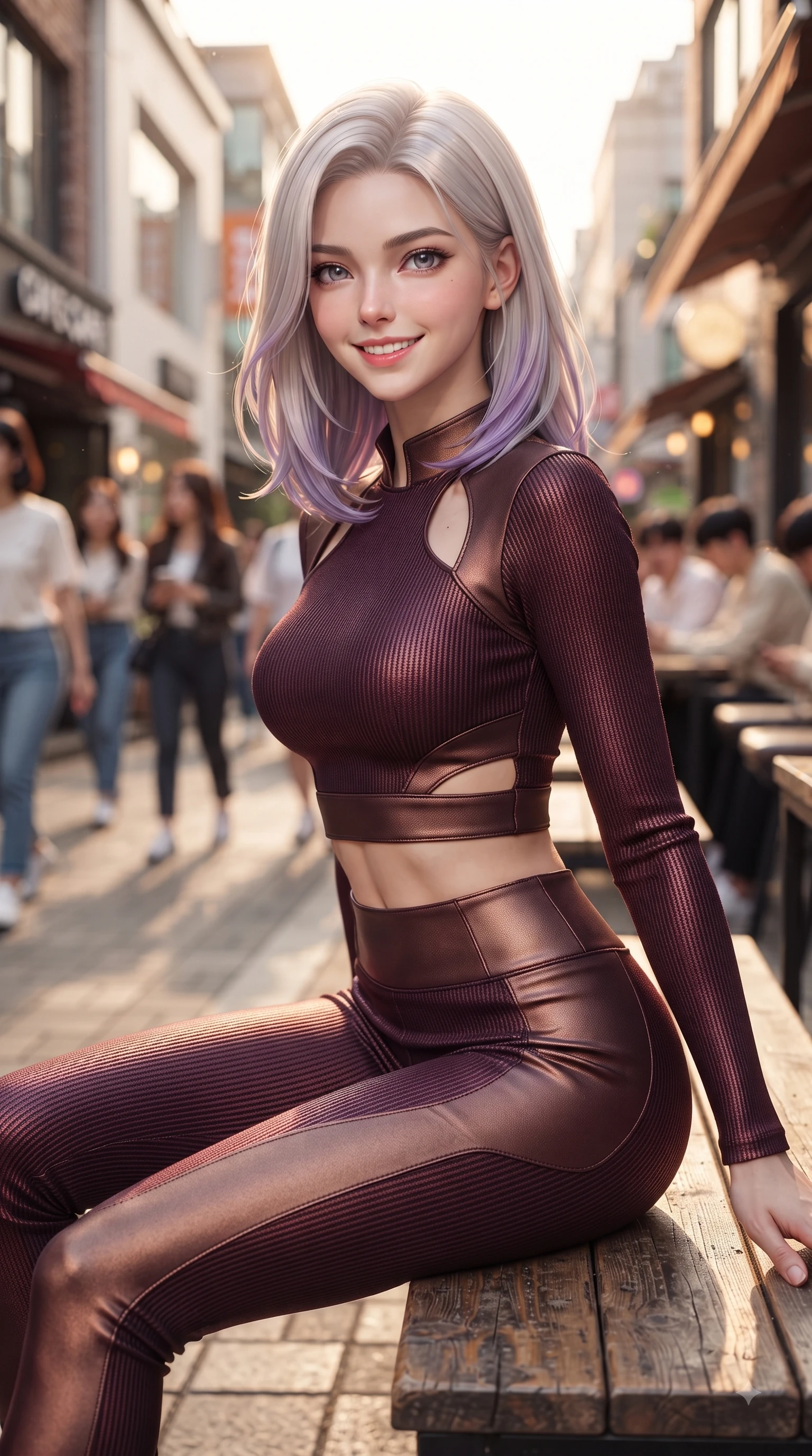score_9, masterpiece, best quality, ultra-detailed, high-budget anime keyframe, editorial fashion photography, tasteful artistic composition, Caucasian woman. close-up cowboy shot from the waist and thighs up, the character dominates the composition, filling the frame with her large presence, background elements kept in soft focus. Youthful bright smile exuding pure cute charm and fresh energy, her torso turning dynamically into the lens while resting on a wooden bench outside a hipster cafe on a bustling Seoul fashion street, young stylish crowds and chic architecture creating a lively college town atmosphere. She has an exceptionally elegant, slender, and willowy female figure with an ultra-slim waist, a gracefully sculpted slender torso, and a refined silhouette. sharp v-shaped jawline, high-bridge nose, intricate jewel-like eyes with depth, thick eyelashes, glossy lips with a natural sheen, flawlessly proportioned anatomical accuracy, natural body alignment, perfectly sculpted elegant limbs, clean dynamic posture without body distortion. wearing a form-fitting ribbed activewear set with elegant collar cutouts in deep burgundy and bronze, made of fine carbon-fiber weave and soft matte leather, featuring subtle geometric cutouts that highlight her ultra-slim midriff, the glove-like fit emphasizing her statuesque silhouette during motion. bathed in bright golden hour sunshine and warm urban ambient illumination. ultra-reflective glossy finish, specular highlights, metallic sheen, high-contrast stereoscopic depth, volumetric dynamic lighting, 2k, ultra detail, master piece, 9:16 ratio