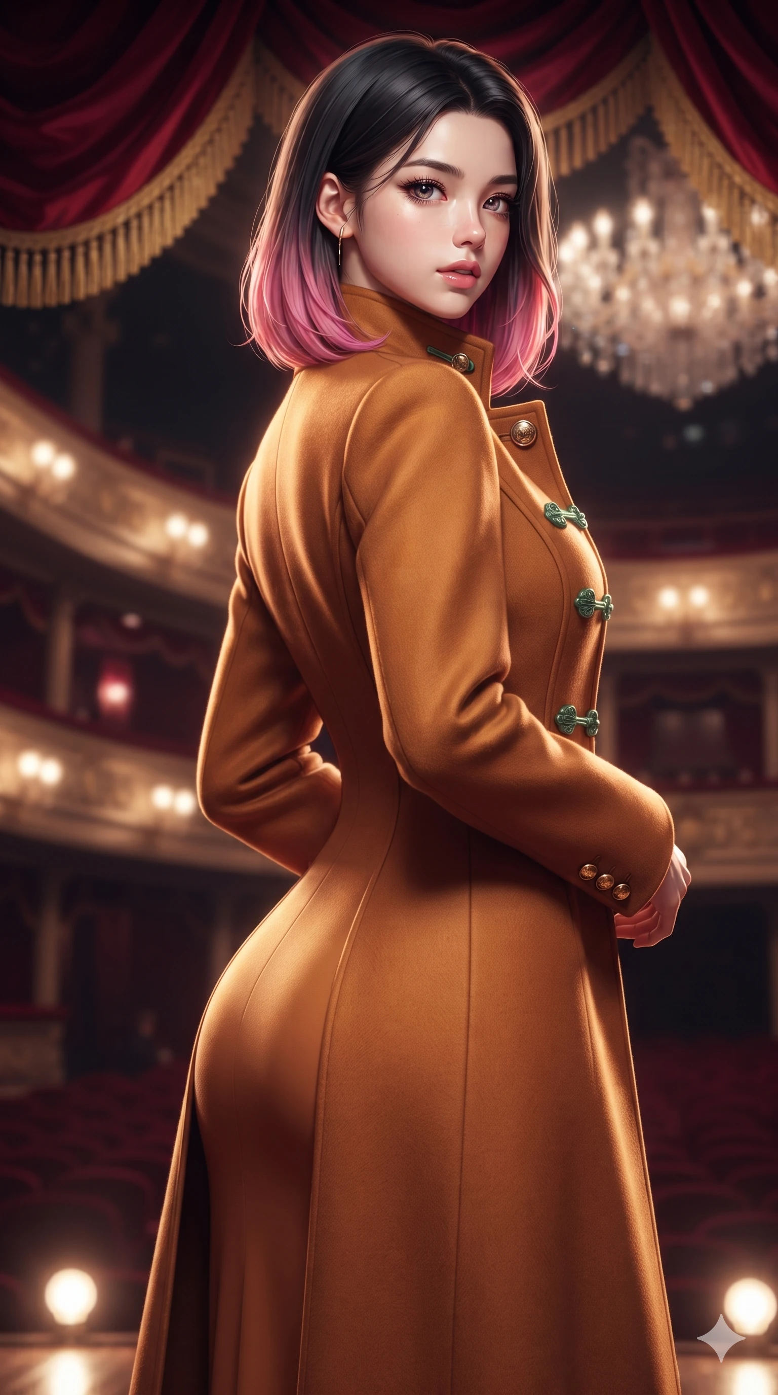 score_9, masterpiece, best quality, ultra-detailed, high-budget anime keyframe, editorial fashion photography, tasteful artistic composition, Korean woman. close-up cowboy shot from the waist and thighs up, the character dominates the composition, filling the frame with her large presence. posing in an alluring rear three-quarter angle, looking over a bare shoulder with parted glossy lips, her hips cocked back to highlight her slim hourglass curve while twisting her slender torso in an alluring S-curve, glowing stage footlights from below tracing her flat midriff and hourglass curves. The background shows a soft-focus plush crimson velvet curtain swags with gold bullion fringe, tiers of illuminated opera house loges, and crystal chandelier haze blurred into crimson, gold, and charcoal bokeh. She has an exceptionally elegant, slender, and willowy female figure with an ultra-slim waist, flat toned midriff, narrow ribcage, and sculpted feminine hips creating an alluring, slim hourglass silhouette without bulk. sharp v-shaped jawline, high-bridge nose, intricate jewel-like sparkling eyes with depth, thick eyelashes, glossy parted lips with a natural sheen, intensely captivating and seductive bedroom-eyes expression, exuding both youthful cute charm and sovereign luxury allure, flawlessly proportioned anatomical accuracy, strict slender model proportions, natural body alignment, perfectly sculpted long slender limbs, ultra-slim waistline, clean dynamic posture without body distortion. wearing a structured Belle Époque cashmere opera greatcoat with polished brass crest buttons layered over a high-neck slip in rich copper bronze and warm amber, crafted from bespoke double-faced cashmere with an exceptionally soft tactile finish, finished with sleek jade frog closures glinting along her high collar, the impeccably tailored cut draping gracefully along her slender figure with aristocratic poise. illuminated by velvet railing bounce and sharp gold-crimson rim lights defining her razor-sharp jawline, narrow waist, and curvy hips. ultra-reflective glossy finish, specular highlights, rich textural contrasts, high-contrast stereoscopic depth, volumetric dynamic lighting, 2k, ultra detail, master piece, 9:16 ratio