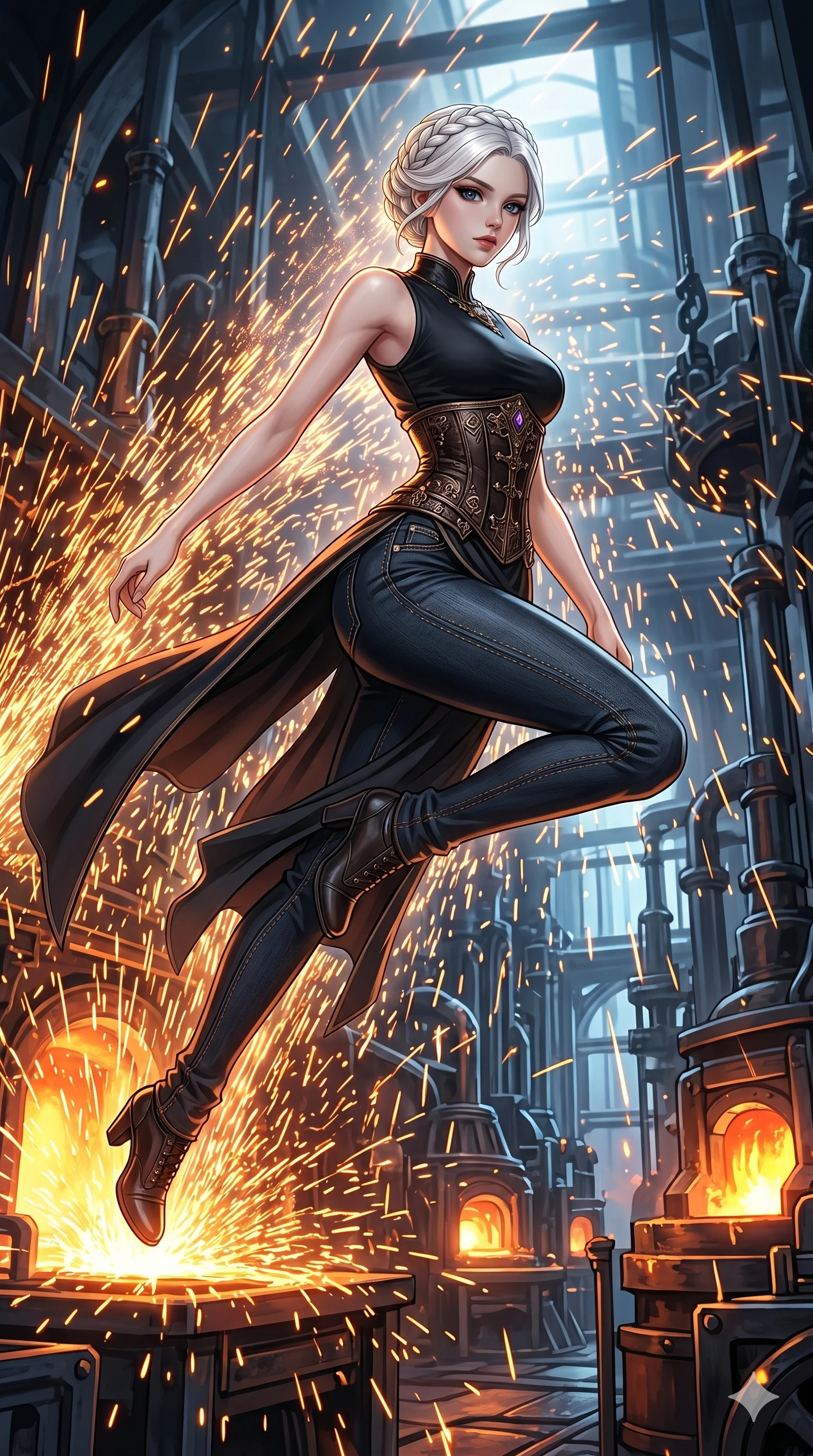 score_9, masterpiece, best quality, ultra-detailed, Set C: High-budget Anime Keyframe, Korean woman. Low angle cowboy shot filling the entire 9:16 frame with her statuesque presence. Leaping through a shower of sparks from a giant blacksmith's forge in an industrial palace. She has an absolutely perfect 8-heads proportion, an exceptionally tall and slender female figure with elegant long slender legs and an slender waist. Sharp v-shaped jawline, high-bridge nose, intricate jewel-like eyes with depth, thick eyelashes, glossy lips. Wearing an Urban Trendsetter outfit: elegant form-fitting dress with high-waist denim and ornate corset. Background is a bright and colorful forge with glowing molten metal and thousands of orange sparks. 2k, ultra detail, master piece, 9:16 ratio