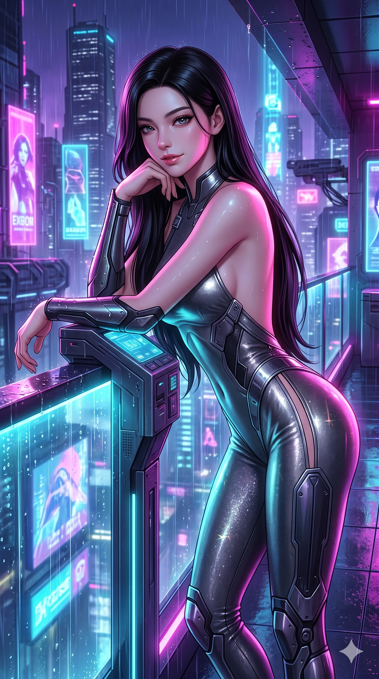 score_9, masterpiece, best quality, ultra-detailed, high-budget anime keyframe, semi-realistic 3D game render, editorial fashion photography, tasteful artistic composition, Korean woman. close-up cowboy shot from the waist and thighs up, the character dominates the composition, filling the frame with her large presence. resting one elbow on the diagnostic terminal and supporting her chin, leaning close to the camera with parted glossy lips and sparkling eyes while leaning against the glowing glass terrace railing with hips cocked back, looking through rain-slicked holographic billboard reflections with smoldering eyes. The surrounding environment is rendered in vivid detail and crisp panoramic clarity: intricate cyber-samurai armor accents, form-fitting latex weave, and rain-slicked high-tech balcony architecture in razor-sharp precision. She has an exceptionally elegant, slender, and willowy female figure with an ultra-slim waist, flat toned midriff, narrow ribcage, and sculpted feminine hips creating an alluring, slim hourglass silhouette without bulk. sharp v-shaped jawline, high-bridge nose, intricate jewel-like sparkling eyes with depth, thick eyelashes, glossy parted lips with a natural sheen, bright confident smile with an enchanting and coquettish sensual glint, exuding both youthful magnetic charm and sovereign high-tech allure, flawlessly proportioned anatomical accuracy, strict slender model proportions, natural body alignment, perfectly sculpted long slender limbs, ultra-slim waistline, clean dynamic posture without body distortion. wearing an alluring backless liquid titanium halterneck jumpsuit with deep scoop back down to her lower spine and hip ventilation slits in charcoal grey and polished chrome, woven from stretch metallic lurex jersey casting radiant starlight glints across her curves, finished with high-tension magnetic quick-release clasps glinting along her collarbones, the form-contouring cut accentuating her sculpted flat midriff, narrow delicate ribcage, and gracefully curvy hips with cybernetic supermodel precision. bathed in the vibrant, highly saturated glow of magenta, electric cyan, and ultraviolet neon billboards. highly saturated vibrant anime colors, detailed shading with soft gradients, rich glossy textures, high-contrast stereoscopic depth, volumetric dynamic lighting, master piece, 9:16 ratio
