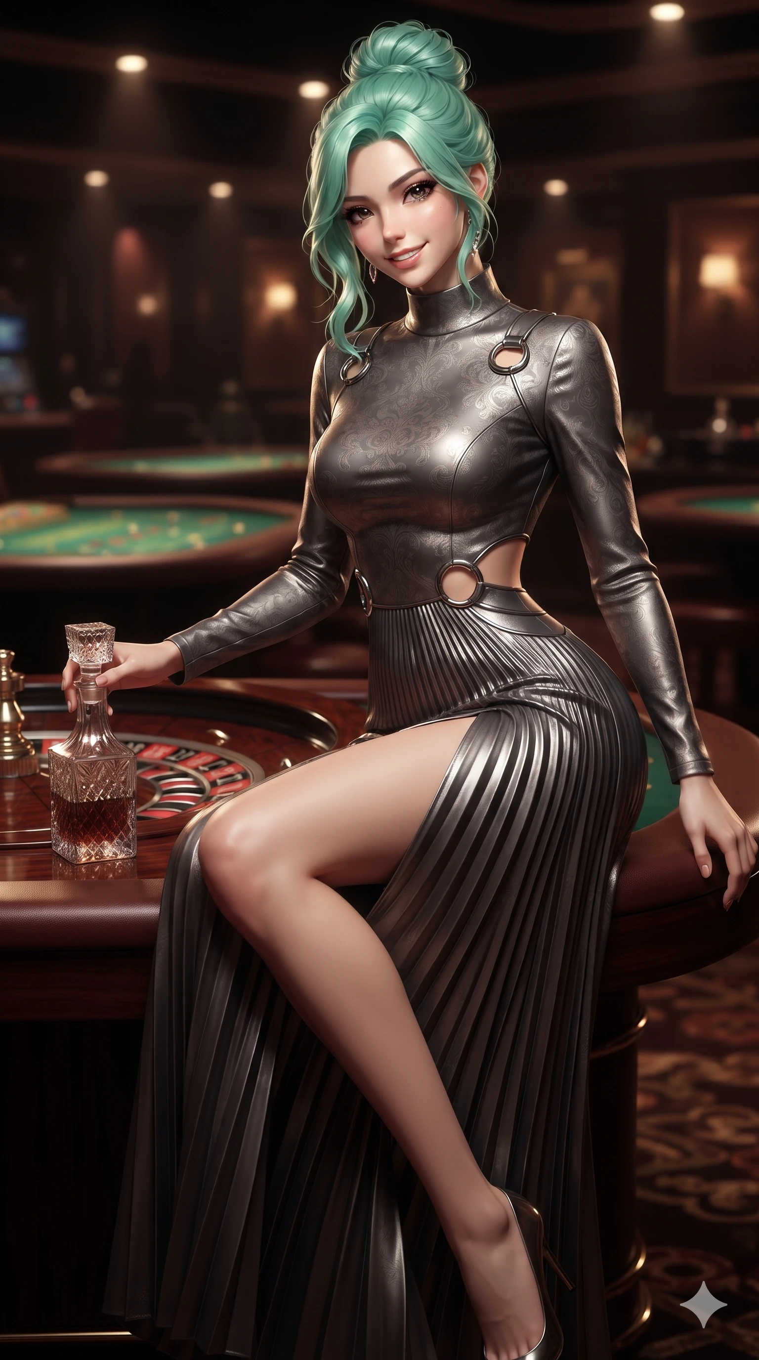 score_9, masterpiece, best quality, ultra-detailed, high-budget anime keyframe, editorial fashion photography, tasteful artistic composition, Japanese woman. close-up cowboy shot from the waist and thighs up, the character dominates the composition, filling the frame with her large presence. twisting her slender torso in an alluring S-curve while reaching for a vintage crystal decanter, her dark tailored fit highlighting her hourglass curves while perched on the mahogany roulette table edge with legs crossed, leaning close with sparkling eyes and an intoxicating siren smile. The background shows a soft-focus ultra-exclusive VIP casino salon softened in luxury gaming shallow focus. She has an exceptionally elegant, slender, and willowy female figure with an ultra-slim waist, flat toned midriff, narrow ribcage, and sculpted feminine hips creating an alluring, slim hourglass silhouette without bulk. sharp v-shaped jawline, high-bridge nose, intricate jewel-like dark sparkling eyes with dangerous depth, thick curled eyelashes, glossy parted lips with a rich wine sheen, smoldering seductive half-smile with bedroom-eyes, exuding effortless superiority and intoxicating dark allure, flawlessly proportioned anatomical accuracy, strict slender model proportions, natural body alignment, perfectly sculpted long slender limbs, ultra-slim waistline, clean dynamic posture without body distortion. wearing a refined long-sleeve velvet evening gown with high neckline and fluid pleated column skirt in liquid mercury chrome and smoky quartz, tailored from rich silk jacquard with subtle embossed baroque patterns, accented with sculptural chrome hardware rings framing the subtle cutouts, the bespoke structured tailoring following the natural line of her 8.5-heads silhouette with refined elegance. bathed in warm, focused pin-spot lighting over the green gaming tables contrasted with intimate ambient shadows. ultra-reflective glossy finish, specular highlights, rich textural contrasts, high-contrast stereoscopic depth, volumetric dynamic lighting, 2k, ultra detail, master piece, 9:16 ratio