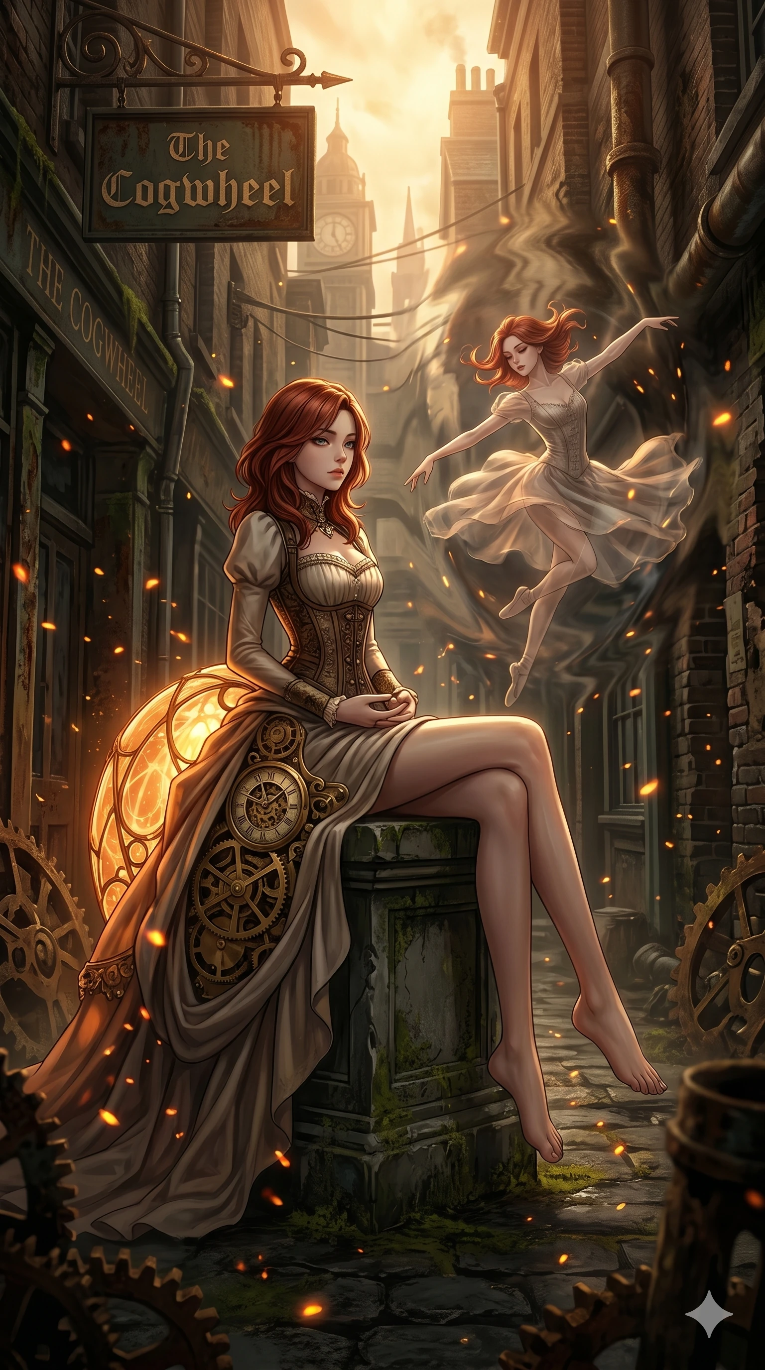 score_9, masterpiece, best quality, ultra-detailed, Set A: High-budget Anime Keyframe, Korean woman. Low angle cowboy shot filling the entire 9:16 frame with her statuesque presence. Theme: Urban Decay. meditating in a steampunk London alleyway, as her reflection in the air starts to dance independently 165. The atmosphere is filled with golden hour with floating embers. She has an absolutely perfect 8-heads proportion, an exceptionally tall and slender female figure with impossibly long slender legs and an ultra-slim waist. Sharp v-shaped jawline, high-bridge nose, intricate jewel-like eyes with depth, glossy lips. Wearing Victorian-future gown with a glowing bustle and integrated clockwork mechanisms. Cinematic lighting, vivid colors, dramatic shadows, 2k, ultra detail, master piece, 9:16 ratio