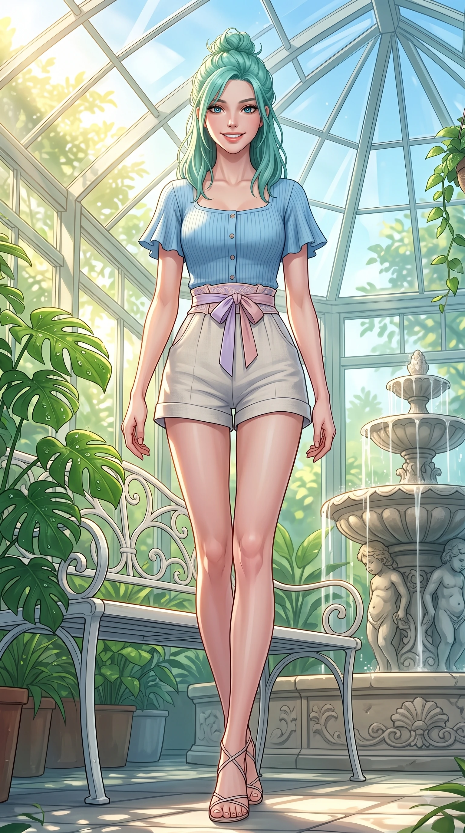 score_9, masterpiece, best quality, ultra-detailed, high-budget anime keyframe, editorial fashion photography, tasteful artistic composition, Japanese woman. low angle full-body shot from head to toe showing her feet, filling the entire 9:16 vertical frame with her statuesque presence, stretching her vertical silhouette. walking forward in a proud dynamic stride with a cheerful beaming smile, her vertical silhouette filling the frame while sitting on a classic white iron bench in a sun-drenched glasshouse surrounded by emerald greenery. The surrounding environment is rendered in vivid detail and crisp panoramic clarity. dewdrops on Monstera leaves, stone fountain details, and clear glass geometric panels rendered in crisp resolution. She has an absolutely perfect, statuesque 8.5-heads proportion, an exceptionally tall and slender model-like female figure with impossibly long slender legs and an ultra-slim waist. sharp v-shaped jawline, high-bridge nose, intricate jewel-like eyes with depth, thick eyelashes, glossy lips with a natural sheen, flawlessly proportioned anatomical accuracy, natural body alignment, perfectly sculpted elegant limbs, clean dynamic posture without body distortion. wearing a sky-blue ribbed short-sleeve cardigan with high-waist linen shorts and a dainty waist sash in pastel lilac and soft rose gold, tailored from crisp cotton poplin, featuring elegant flutter sleeves and a graceful square neckline, the tailored casual silhouette highlighting her fresh and youthful presence. bathed in bright golden sunlight filtering through conservatory glass panes. highly saturated vibrant anime colors, detailed shading with soft gradients, rich glossy textures, high-contrast stereoscopic depth, volumetric dynamic lighting, master piece, 9:16 ratio