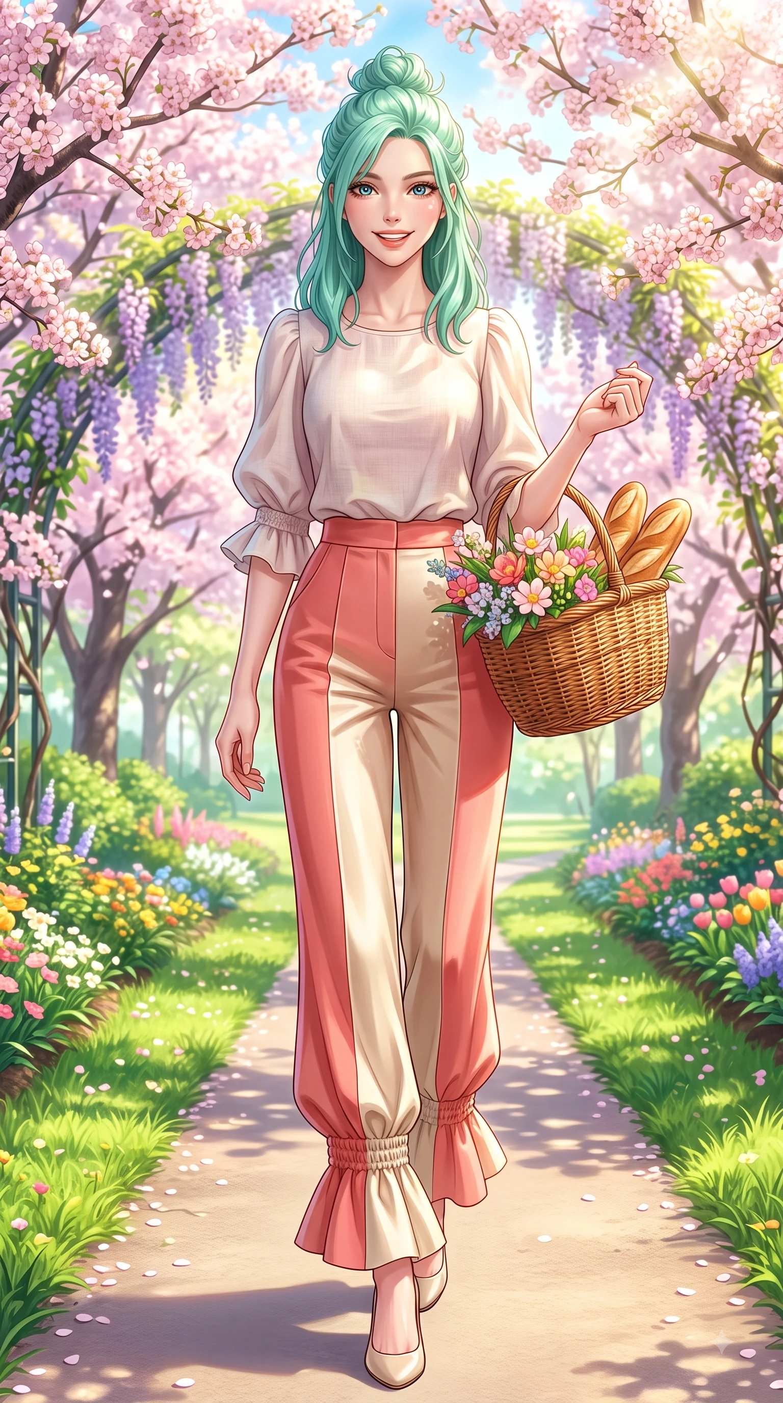 score_9, masterpiece, best quality, ultra-detailed, high-budget anime keyframe, editorial fashion photography, tasteful artistic composition, Japanese woman. low angle full-body shot from head to toe showing her feet, filling the entire 9:16 vertical frame with her statuesque presence, stretching her vertical silhouette. walking forward in a proud dynamic stride with a cheerful beaming smile, her vertical silhouette filling the frame while stepping along a sun-drenched park trail carrying a wicker basket with fresh youthful charm. The surrounding environment is rendered in vivid detail and crisp panoramic clarity. vibrant spring sunlight scattering through blooming flower arches with high environmental clarity. She has an absolutely perfect, statuesque 8.5-heads proportion, an exceptionally tall and slender model-like female figure with impossibly long slender legs and an ultra-slim waist. sharp v-shaped jawline, high-bridge nose, intricate jewel-like eyes with depth, thick eyelashes, glossy lips with a natural sheen, flawlessly proportioned anatomical accuracy, natural body alignment, perfectly sculpted elegant limbs, clean dynamic posture without body distortion. wearing an elegant pastel linen blouse with puff sleeves and high-waisted wide-leg trousers in warm coral pink and champagne ivory, crafted from smooth fluid silk satin, accented with soft smocked details and fluttery cuffs, the tailored casual silhouette highlighting her fresh and youthful presence. surrounded by a fresh, sweet, and nostalgic spring park atmosphere. highly saturated vibrant anime colors, detailed shading with soft gradients, rich glossy textures, high-contrast stereoscopic depth, volumetric dynamic lighting, master piece, 9:16 ratio
