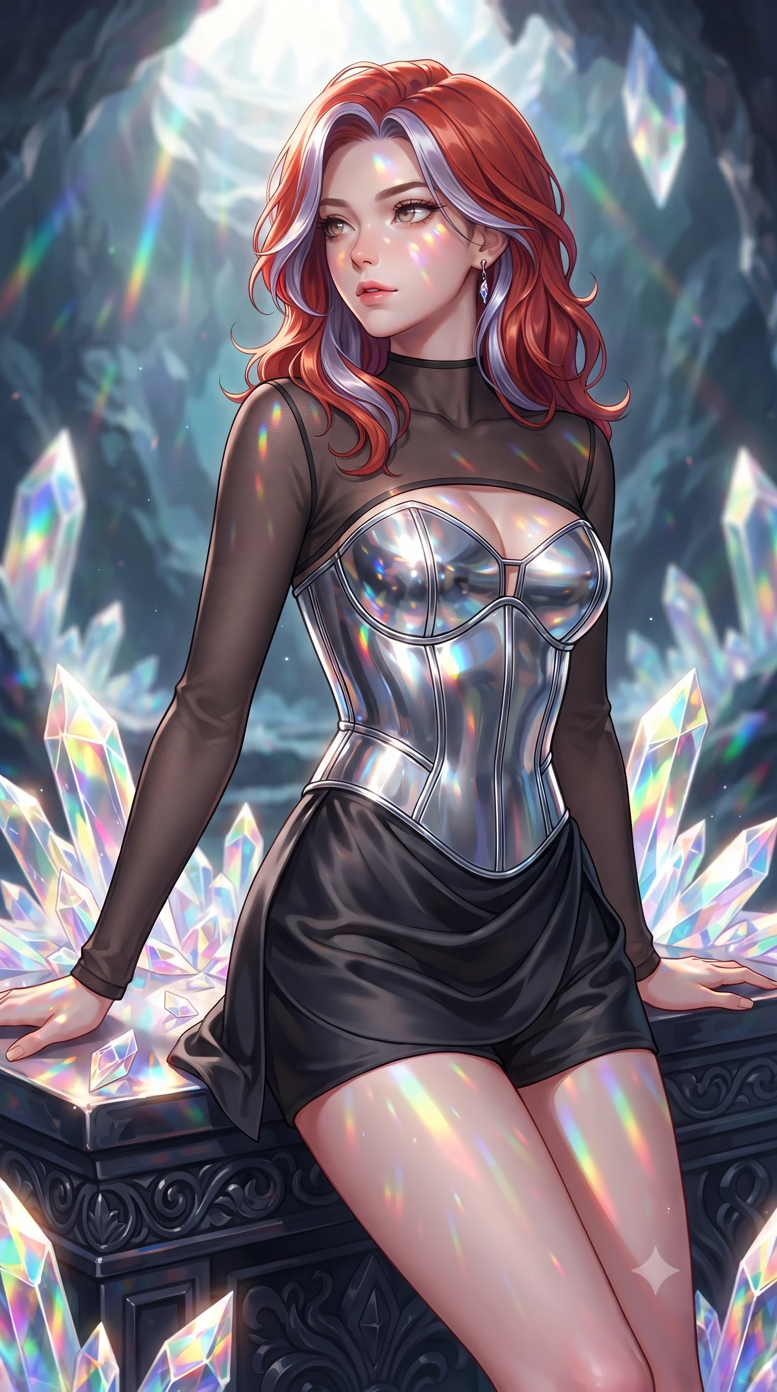 score_9, masterpiece, best quality, ultra-detailed, high-budget anime keyframe, editorial fashion photography, tasteful artistic composition, Caucasian woman. close-up cowboy shot from the waist and thighs up, the character dominates the composition, filling the frame with her large presence, background elements kept in soft focus. Gazing past the camera with an air of effortless elegance and mysterious confidence resting on a carved obsidian altar surrounded by radiant crystal shards, sharp crystalline reflections creating an opulent, jewel-like ambience. She has an exceptionally elegant, slender, and willowy female figure with an ultra-slim waist, a gracefully sculpted slender torso, and a refined silhouette. sharp v-shaped jawline, high-bridge nose, intricate jewel-like eyes with depth, thick eyelashes, glossy lips with a natural sheen. wearing a chrome-plated structured bodice worn over a sheer mesh top and micro-shorts in matte black and polished silver, crafted from lustrous satin jersey with fluid draping, accented with a Tasteful chest slit framing her clavicle gracefully, the elegant draped fit framing her graceful clavicle and slender torso. bathed in brilliant prismatic light filtering from a natural cavern skylight. highly saturated vibrant anime colors, detailed shading with soft gradients, rich glossy textures, high-contrast stereoscopic depth, volumetric dynamic lighting, master piece, 9:16 ratio