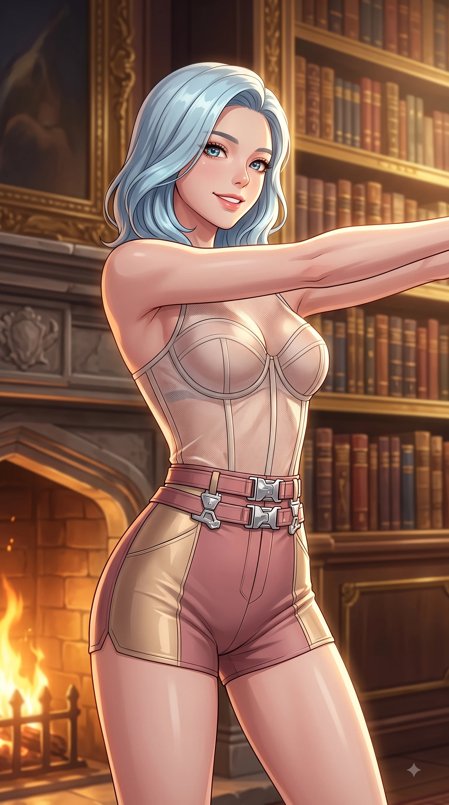score_9, masterpiece, best quality, ultra-detailed, high-budget anime keyframe, editorial fashion photography, tasteful artistic composition, Korean woman. close-up cowboy shot from the waist and thighs up, the character dominates the composition, filling the frame with her large presence, background elements kept in soft focus. Extending one arm in an elegant stretch toward the light while smiling with magnetic self-assurance while resting near a grand stone fireplace as warm amber hearth light traces her graceful clavicle, thousands of antique leather-bound books stacked along majestic golden shelves. She has an exceptionally elegant, slender, and willowy female figure with an ultra-slim waist, a gracefully sculpted slender torso, and a refined silhouette. sharp v-shaped jawline, high-bridge nose, intricate jewel-like eyes with depth, thick eyelashes, glossy lips with a natural sheen, flawlessly proportioned anatomical accuracy, natural body alignment, perfectly sculpted elegant limbs, clean dynamic posture without body distortion. wearing a delicate see-through mesh top with structured cup boning and micro-shorts in dusty rose and champagne gold, formed from sleek second-skin neoprene, detailed with polished silver buckles along the waistline, the tailored fabric tightly following every curve of her athletic build. bathed in rich amber candlelight and warm golden hearth flame backlighting. highly saturated vibrant anime colors, detailed shading with soft gradients, rich glossy textures, high-contrast stereoscopic depth, volumetric dynamic lighting, master piece, 9:16 ratio