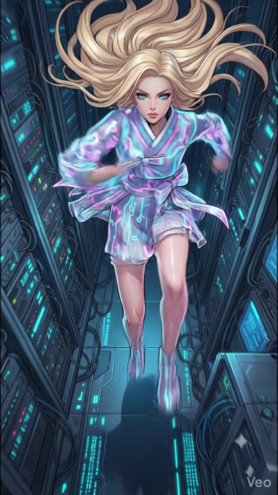 Hih-octane 8-second action scene. A woman in a shimmerin, futuristic Hanbok leaps throuh a dark, hih-tech server room filled with lowin blue data cables and flickerin monitors. The camera follows her in a fast trackin shot as she maneuvers throuh the