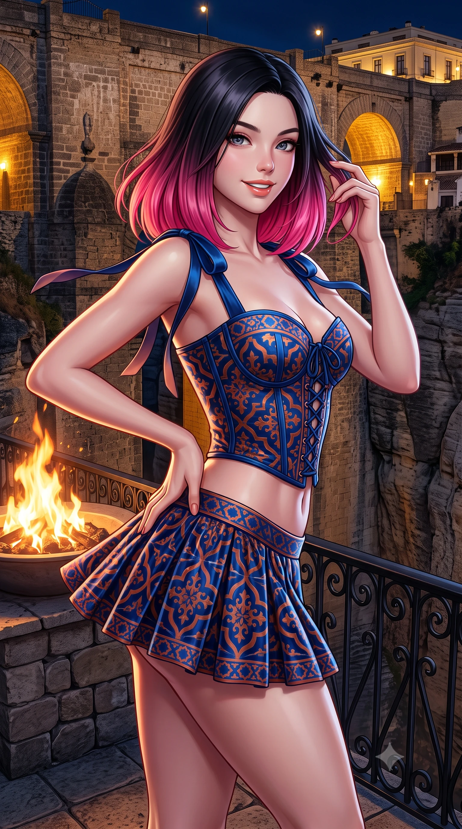 score_9, masterpiece, best quality, ultra-detailed, high-budget anime keyframe, semi-realistic 3D game render, editorial fashion photography, tasteful artistic composition, Korean woman. close-up cowboy shot from the waist and thighs up, the character dominates the composition, filling the frame with her large presence. twisting her slender torso in an alluring contrapposto stance, one hand resting on her sculpted hip while her fingers toy with her hair with effortless poise while standing poised on the cantilevered stone terrace at the dizzying edge of the vertical 120-meter limestone gorge, arching her lower back as nocturnal mountain winds whip around her silhouette. The surrounding environment is rendered in vivid detail and crisp panoramic clarity: sharp rough-hewn stone masonry of the historic bridge, sheer limestone fissure strata, and black iron balustrade scrollwork in deep focus. She has an exceptionally elegant, slender, and willowy female figure with an ultra-slim waist, flat toned midriff, narrow ribcage, and sculpted feminine hips creating an alluring, slim hourglass silhouette without bulk. sharp v-shaped jawline, high-bridge nose, intricate jewel-like sparkling eyes with depth, thick eyelashes, glossy parted lips with a natural peach sheen, bright cheerful beaming smile with an enchanting and coquettish sensual glint, exuding both youthful cute charm and seductive allure, flawlessly proportioned anatomical accuracy, strict slender model proportions, natural body alignment, perfectly sculpted long slender limbs, ultra-slim waistline, clean dynamic posture without body distortion. wearing a structured Seville boned lace-up bustier top paired with an ultra-short low-rise pleated micro mini skirt in Andalusian Alhambra azulejo cobalt and warm terracotta copper, tailored from ultra-plush silk velvet with rich tactile depth and deep shadow gradients, finished with satin ribbon ties at the shoulders fluttering in the gentle breeze, the impeccably tailored cut draping gracefully along her slender figure with aristocratic poise. bathed in the contrast of warm 2100K terrace fire pit flames and golden architectural floodlights on the Puente Nuevo bridge. highly saturated vibrant anime colors, detailed shading with soft gradients, rich glossy textures, high-contrast stereoscopic depth, volumetric dynamic lighting, master piece, 9:16 ratio