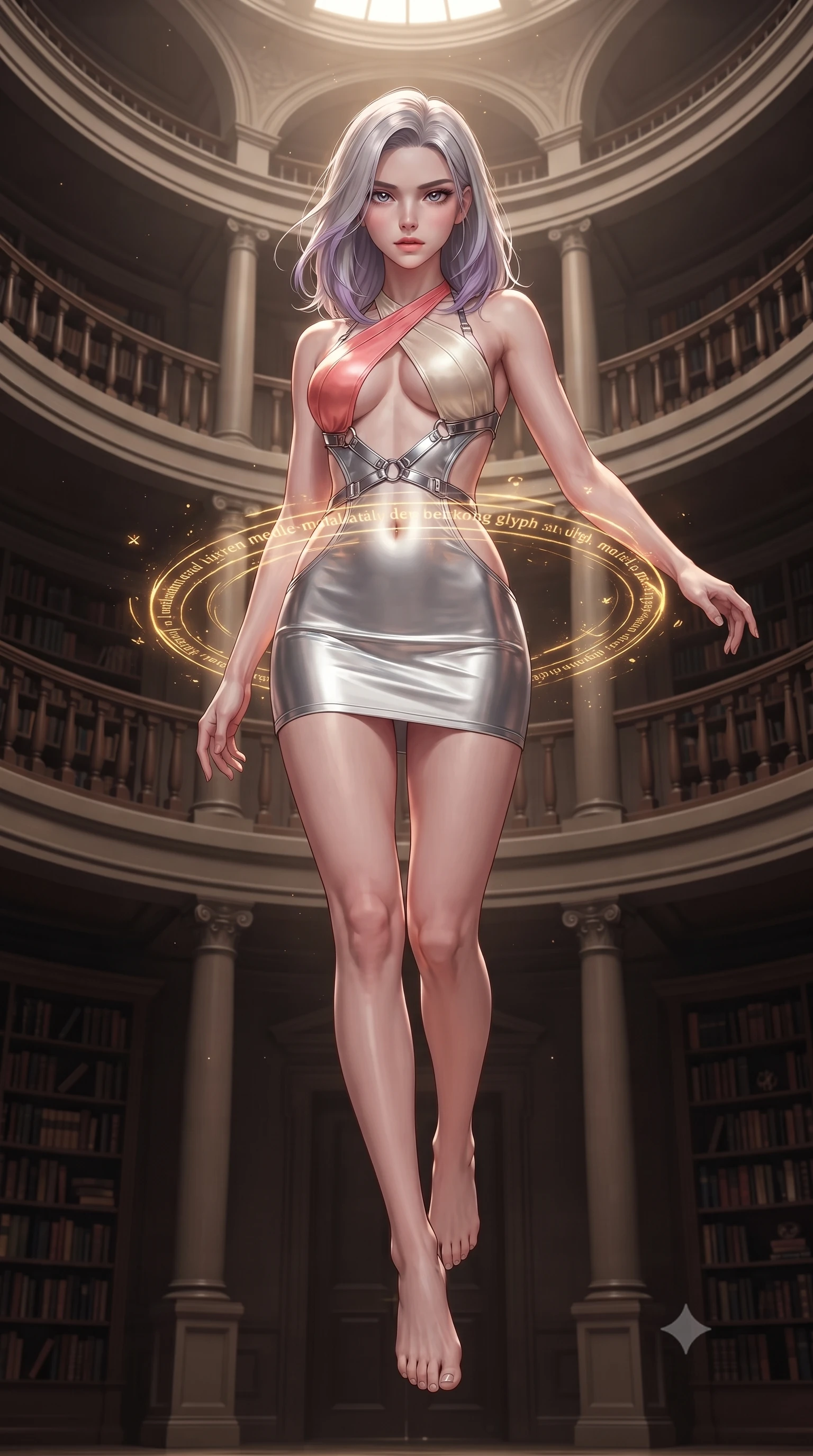 score_9, masterpiece, best quality, ultra-detailed, high-budget anime keyframe, editorial fashion photography, tasteful artistic composition, Caucasian woman. low angle full-body shot from head to toe showing her feet, filling the entire 9:16 vertical frame with her statuesque presence, stretching her vertical silhouette. performing an alluring mid-air vault with flawless poise, looking directly into the camera with smoldering intensity while pivoting dynamically in a multi-story book rotunda as golden magical glyphs and sunbeams dance around her waist. The surrounding environment is rendered in vivid detail and crisp panoramic clarity. rich chiaroscuro lighting and classic architectural library design captured with environmental sharpness. She has an absolutely perfect, statuesque 8.5-heads proportion, an exceptionally tall and slender model-like female figure with impossibly long slender legs, a toned flat midriff, and an ultra-slim waist. sharp v-shaped jawline, high-bridge nose, intricate jewel-like eyes with depth, thick eyelashes, glossy lips with a natural sheen, flawlessly proportioned anatomical accuracy, strict slender model proportions, natural body alignment, perfectly sculpted long slender limbs, ultra-slim waistline, clean dynamic posture without body distortion. wearing a molten silver liquid-metal mini dress featuring deep side-waist cutouts and a daring crossover halter neckline in radiant coral pink and champagne ivory, tailored from semi-translucent cybernetic vinyl with glowing micro-filaments, reinforced by a sleek metallic chrome harness and delicate glowing micro-straps, the precision-cut daring openings accentuating her delicate midriff, graceful bare collarbones, and ultra-slim feminine waistline. surrounded by an intelligent, noble, and enchantingly seductive solar academy atmosphere. ultra-reflective glossy finish, specular highlights, metallic sheen, high-contrast stereoscopic depth, volumetric dynamic lighting, 2k, ultra detail, master piece, 9:16 ratio