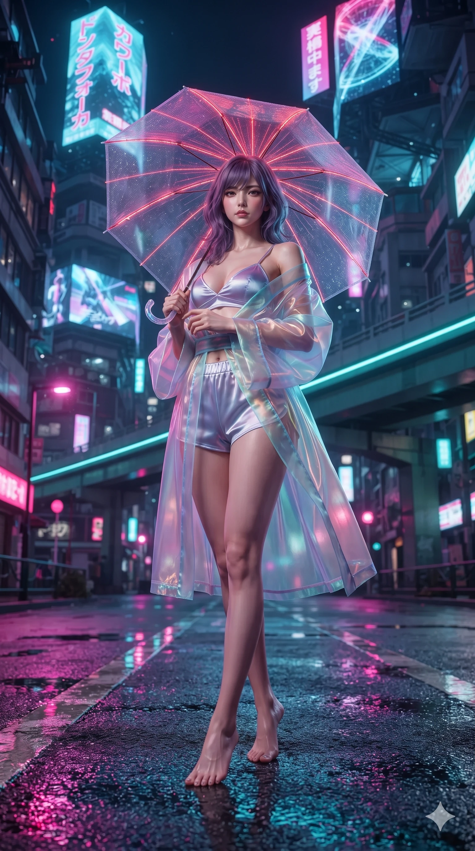 score_9, masterpiece, best quality, ultra-detailed, high-budget anime keyframe, editorial fashion photography, tasteful artistic composition, Japanese woman. low angle full-body shot from head to toe showing her feet, filling the entire 9:16 vertical frame with her statuesque presence, stretching her vertical silhouette. reclining gracefully across the plush chaise lounge with one leg extended, her sculpted silhouette and flat midriff radiating magnetic nocturnal glamour while standing poised on the wet asphalt boulevard beneath a glowing translucent umbrella with laser ribs, arching her lower back with sovereign supermodel allure as rain droplets scatter neon light. The background shows a soft-focus towering 3D holographic advertisements, neon-drenched sky-freeway tiers, and rain mist scattering magenta and cyan light blurred into fuchsia, turquoise, and amber bokeh. She has an exceptionally tall and slender model-like 8.5-heads proportion, an ultra-slim waist, a flat toned midriff, narrow delicate ribcage, and beautifully sculpted feminine hips creating a graceful, slim hourglass silhouette without any bulky heaviness, with impossibly long slender legs. sharp v-shaped jawline, high-bridge nose, intricate jewel-like sparkling eyes with depth, thick eyelashes, glossy parted lips with a natural peach sheen, bright cheerful beaming smile with an enchanting and coquettish sensual glint, exuding both youthful cute charm and seductive allure, flawlessly proportioned anatomical accuracy, strict slender model proportions, natural body alignment, perfectly sculpted long slender limbs, ultra-slim waistline, clean dynamic posture without body distortion. wearing a translucent iridescent organza kimono robe slipping off bare shoulders over a matching satin micro-bralette and micro-shorts in deep obsidian black and liquid molten platinum, woven from buttery-soft stretch lambskin leather adhering to her body like a second skin, accented with an open-back drape framed by falling strands of delicate chrome chains, the second-skin tailored fabric adhering flawlessly to her sculpted flat midriff and slender torso, emphasizing her long leg lines and perfectly proportioned willowy build. bathed in the dynamic multi-colored glow of towering holographic billboards mixed with street rain reflections. ultra-reflective glossy finish, specular highlights, rich textural contrasts, high-contrast stereoscopic depth, volumetric dynamic lighting, 2k, ultra detail, master piece, 9:16 ratio