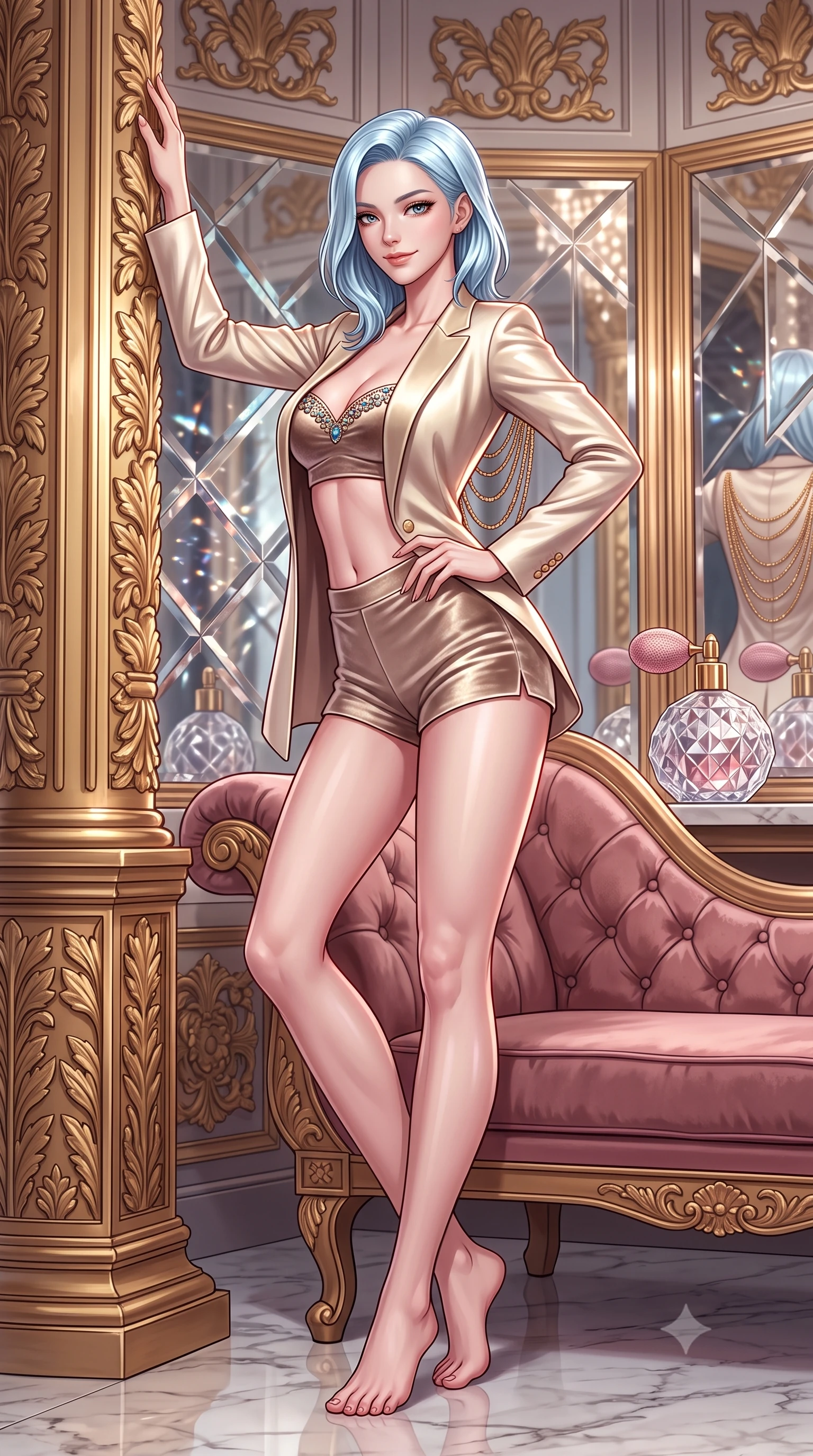 score_9, masterpiece, best quality, ultra-detailed, high-budget anime keyframe, semi-realistic 3D game render, editorial fashion photography, tasteful artistic composition, Korean woman. low angle full-body shot from head to toe showing her feet, filling the entire 9:16 vertical frame with her statuesque presence, stretching her vertical silhouette. standing tall beside the architectural column, one hand resting high while arching her lower back to emphasize her sculpted feminine hips and slender waist while leaning back against the tufted dusty-rose velvet chaise with hips cocked back, looking directly into the camera with an irresistible bedroom-gaze. The surrounding environment is rendered in vivid detail and crisp panoramic clarity: sharp carved gilded wood leaf reliefs, bevelled mirror glass edges, and cut-crystal perfume atomizer facets in deep focus. She has an absolutely perfect, statuesque 8.5-heads proportion, an exceptionally tall and slender model-like female figure with impossibly long slender legs, an ultra-slim waist, a flat toned midriff, narrow delicate ribcage, and beautifully sculpted feminine hips creating a graceful, slim hourglass silhouette without any bulky heaviness. sharp v-shaped jawline, high-bridge nose, sparkling eyes with hypnotic seductive depth, thick curled eyelashes, glossy parted lips with a natural dewy peach sheen, alluring bedroom-eyes with an enchanting coquettish smile, exuding magnetic siren charisma and sophisticated glamour, flawlessly proportioned anatomical accuracy, strict slender model proportions, natural body alignment, perfectly sculpted long slender limbs, ultra-slim waistline, clean dynamic posture without body distortion. wearing a tailored open-front satin smoking jacket worn over a jewel-embellished bandeau and micro-shorts in pure alabaster with golden sheen, tailored from ultra-plush velvet with rich tactile depth and deep shadow gradients, accented with an open-back drape framed by falling strands of delicate gold chains, the liquid-tight tailored fabric clinging flawlessly to her narrow waist and rounded feminine hips, emphasizing every millimeter of her sculpted slim hourglass curves without any bulky heaviness. illuminated by trifold mirror reflection bounce and sharp rose-gold rim lights defining her jawline, flat midriff, and voluptuous hip curves. highly saturated vibrant anime colors, detailed shading with soft gradients, rich glossy textures, high-contrast stereoscopic depth, volumetric dynamic lighting, master piece, 9:16 ratio