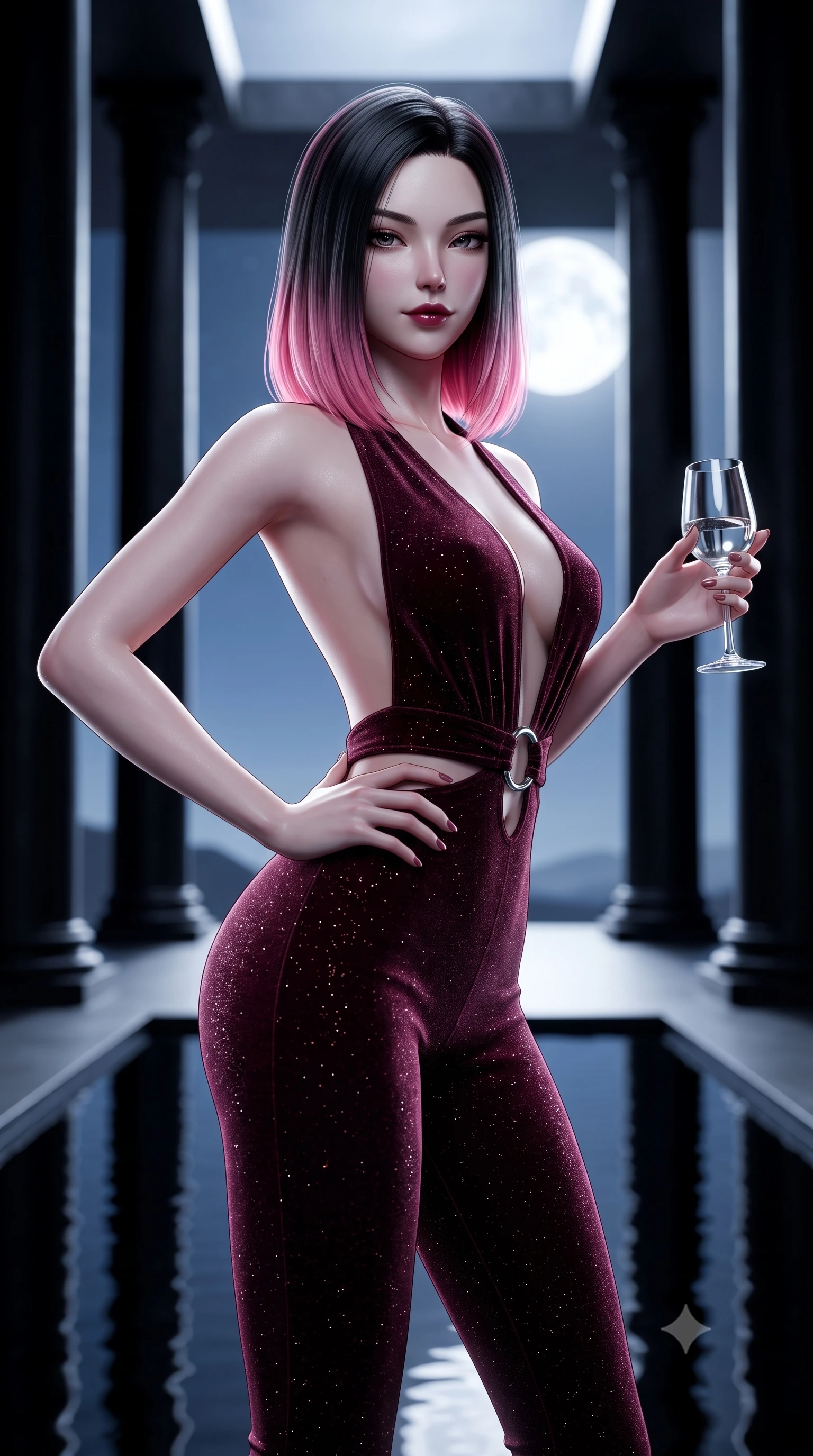 score_9, masterpiece, best quality, ultra-detailed, high-budget anime keyframe, semi-realistic 3D game render, editorial fashion photography, tasteful artistic composition, Korean woman. close-up cowboy shot from the waist and thighs up, the character dominates the composition, filling the frame with her large presence. twisting her slender torso in an alluring contrapposto stance, one hand resting on her sculpted hip while holding a crystal glass with effortless poise while sitting gracefully at the water's edge of a mirror-still black granite reflection pool, arching her lower back as cold silver moonlight sculpts her silhouette. The composition keeps background elements in soft focus with dreamy creamy bokeh. soaring minimalist black basalt columns and distant open midnight sky with bright full moon blurred into cold platinum, silver, and obsidian bokeh. She has an exceptionally elegant, slender, and willowy female figure with an ultra-slim waist, flat toned midriff, narrow ribcage, and sculpted feminine hips creating an alluring, slim hourglass silhouette without bulk. sharp v-shaped jawline, high-bridge nose, intricate jewel-like dark sparkling eyes with dangerous depth, thick curled eyelashes, glossy parted lips with a rich wine sheen, smoldering seductive half-smile with bedroom-eyes, exuding effortless superiority and intoxicating dark allure, flawlessly proportioned anatomical accuracy, strict slender model proportions, natural body alignment, perfectly sculpted long slender limbs, ultra-slim waistline, clean dynamic posture without body distortion. wearing a second-skin dark burgundy stretch-velvet jumpsuit with a plunging neckline and open back in rich plum violet and deep onyx black, woven from metallic lurex thread casting subtle starlight glints across the fabric, accented with sculptural chrome hardware rings framing the subtle cutouts, the high-waisted tailoring accentuating her ultra-slim waistline and the enchanting curve of her feminine hips with alluring dark charm. bathed in cold silvery moonlight filtered from a dramatic high skylight opening. highly saturated vibrant anime colors, detailed shading with soft gradients, rich glossy textures, high-contrast stereoscopic depth, volumetric dynamic lighting, master piece, 9:16 ratio