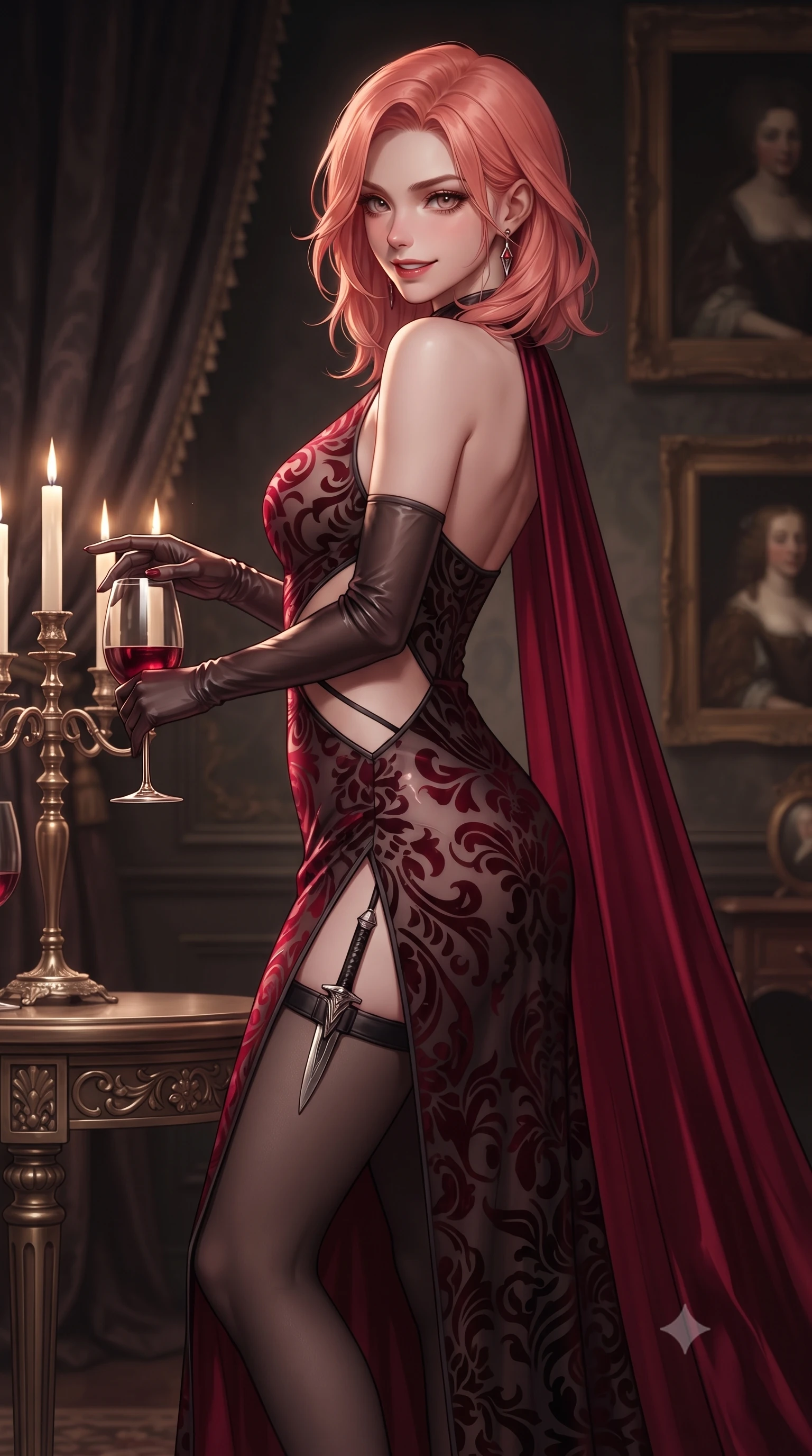 score_9, masterpiece, best quality, ultra-detailed, high-budget anime keyframe, editorial fashion photography, tasteful artistic composition, Japanese woman. close-up cowboy shot from the waist and thighs up, the character dominates the composition, filling the frame with her large presence. turning over a bare shoulder with an intoxicating, teasing smile, her soft hair framing her sharp jawline as she looks back while standing poised beside the grand candelabra table, slowly running one manicured finger along the rim of her wine glass. The composition keeps background elements in soft focus with creamy bokeh. heavy velvet draperies and antique oil portraits softened in luxurious shallow depth of field. She has an exceptionally elegant, slender, and willowy female figure with an ultra-slim waist, a gracefully sculpted slender torso, toned flat midriff, and a refined slim silhouette. sharp v-shaped jawline, high-bridge nose, intricate jewel-like eyes with depth, thick eyelashes, glossy parted lips with a natural sheen, intensely captivating and seductive expression, flawlessly proportioned anatomical accuracy, strict slender model proportions, natural body alignment, perfectly sculpted long slender limbs, ultra-slim waistline, clean dynamic posture without body distortion. wearing a gothic siren halter-neck dress with dramatic diagonal torso cutouts and a trailing floor-length silk cape in rich ruby red and dark smoky charcoal, made of sheer contouring mesh with velvet flocking patterns, equipped with a concealed dagger sheath garter under her slit skirt, the glove-like aerodynamic second-skin fit tightly clinging to her ultra-slender waist and feminine curves without adding bulk. surrounded by an opulent, intimate, and irresistibly hypnotic dark romance aura. ultra-reflective glossy finish, specular highlights, rich textural contrasts, high-contrast stereoscopic depth, volumetric dynamic lighting, 2k, ultra detail, master piece, 9:16 ratio