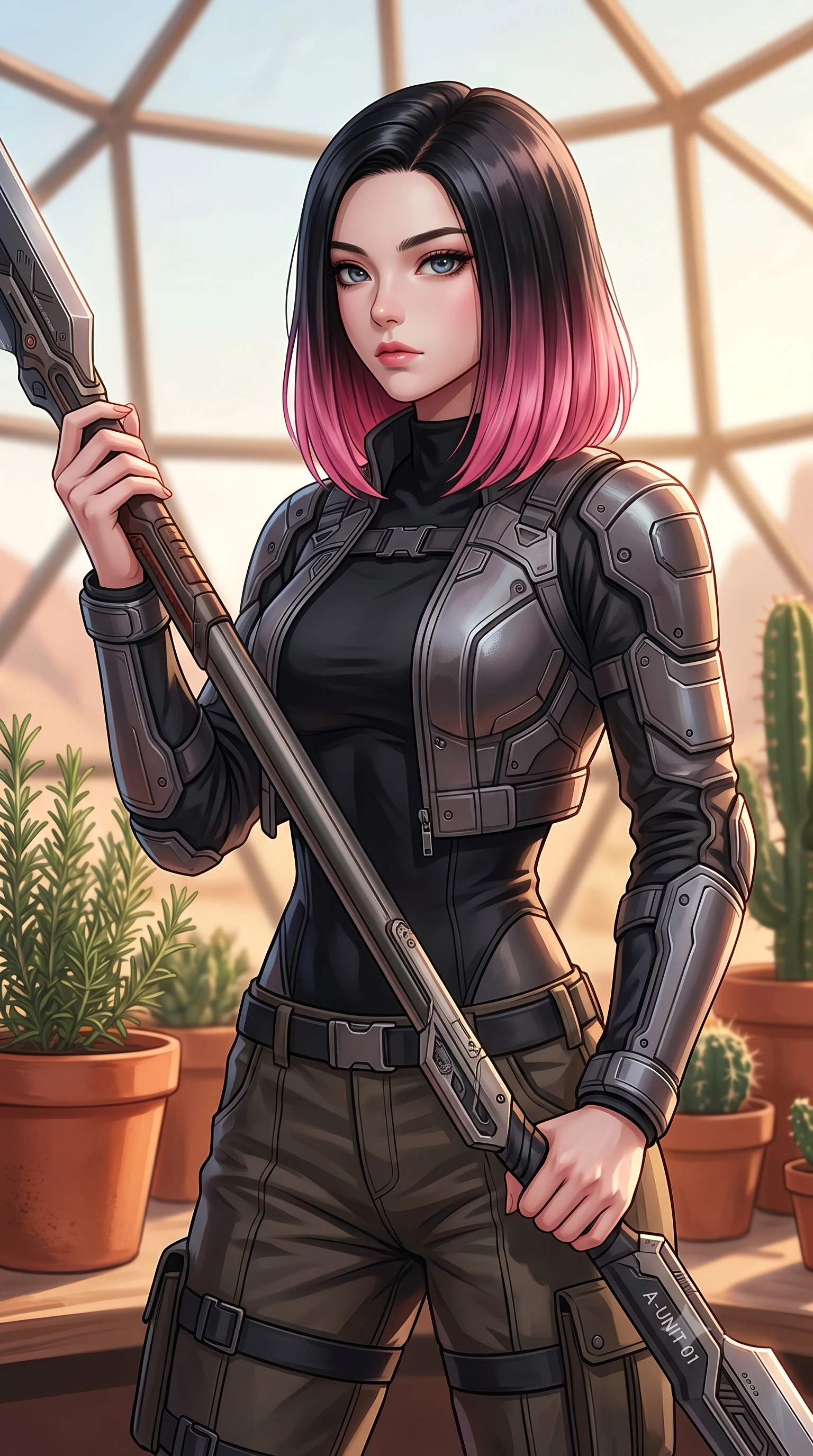 score_9, masterpiece, best quality, ultra-detailed, high-budget anime keyframe, editorial fashion photography, tasteful artistic composition, Korean woman. close-up cowboy shot from the waist and thighs up, the character dominates the composition, filling the frame with her large presence, background elements kept in soft focus. holding a deactivated nanotech glaive, looking past the camera with quiet, sharp focus and a composed expression, the background shows a soft-focus a desert greenhouse dome, surrounded by terracotta pots, rosemary, and cacti. She has an exceptionally elegant, slender, and willowy female figure with an ultra-slim waist, a gracefully sculpted slender torso, and a refined silhouette. sharp v-shaped jawline, high-bridge nose, intricate jewel-like eyes with depth, thick eyelashes, glossy lips with a natural sheen. wearing a form-contouring heavy carbon-plated defender jacket with reinforced cuffs, worn over a black mock-neck shirt and utility trousers. warm, diffused daylight creating a quiet and productive mood. highly saturated vibrant anime colors, detailed shading with soft gradients, rich glossy textures, high-contrast stereoscopic depth, volumetric dynamic lighting, master piece, 9:16 ratio