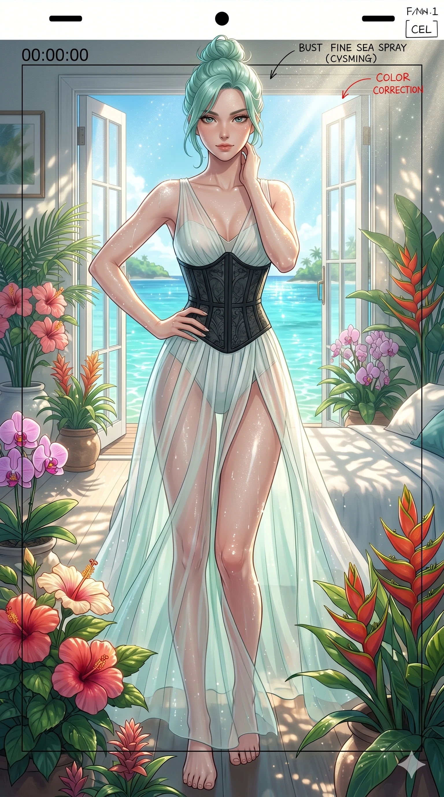 score_9, masterpiece, best quality, ultra-detailed, high-budget anime keyframe, editorial fashion photography, tasteful artistic composition, Japanese woman. cowboy shot from the thighs up, character and outfit filling the frame for maximum editorial presence. standing among tropical flowers, looking at the viewer inside a private sunlit bedroom overlooking a sparkling lagoon (Code-P19-159). She has an absolutely perfect 8-heads proportion, an exceptionally tall and slender female figure with impossibly long slender legs and an ultra-slim waist. V-shaped jawline, high-bridge nose, intricate jewel-like eyes with depth, thick eyelashes, glossy lips with a natural sheen. wearing a sheer chiffon dress with a black corset bodice for summer. sunlight refracting through the sea spray, creating a sparkling, wet glow on her. 2k, ultra detail, master piece, 9:16 ratio