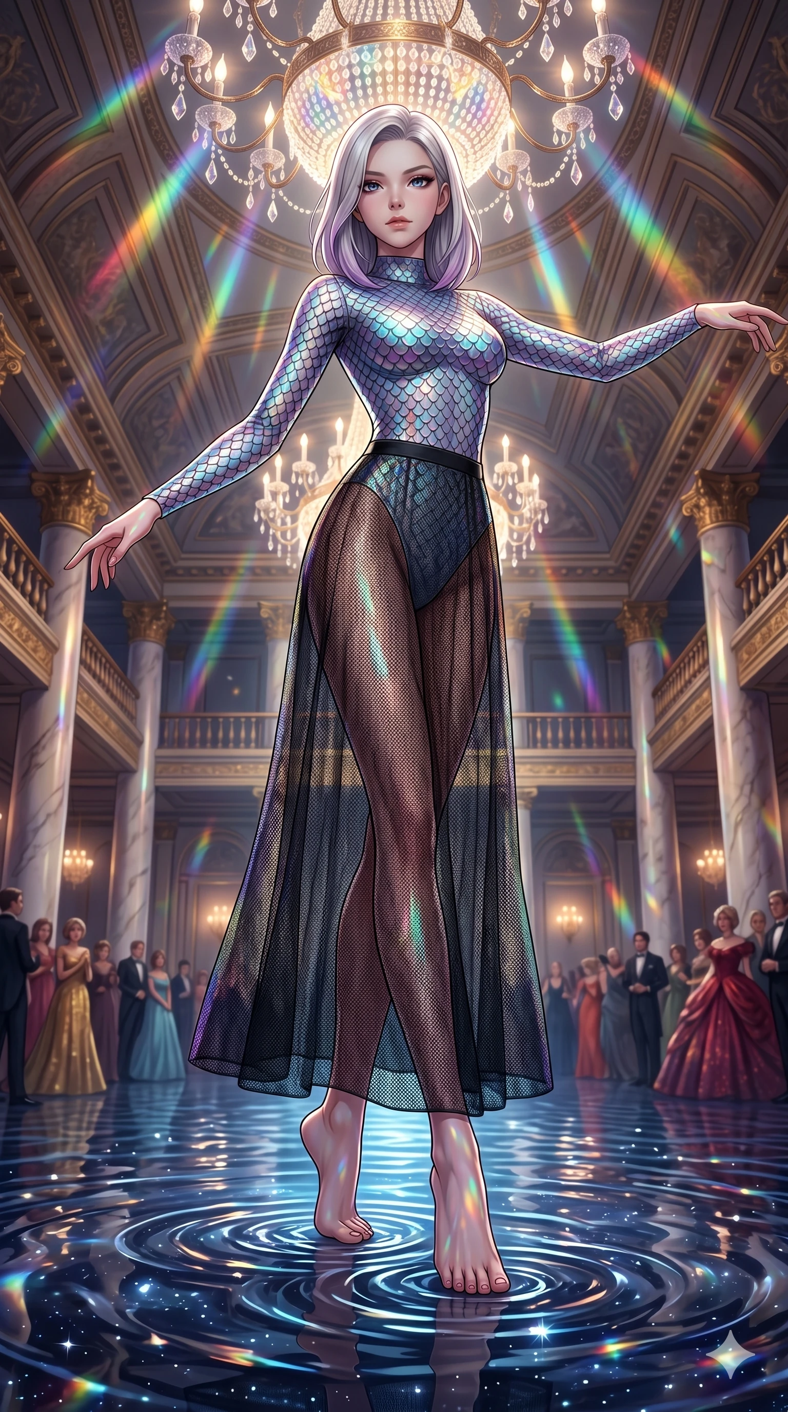 score_9, masterpiece, best quality, ultra-detailed, high-budget anime keyframe, editorial fashion photography, tasteful artistic composition, Caucasian woman, strictly human ears. low angle full-body shot from head to toe showing her feet, filling the entire 9:16 vertical frame with her statuesque presence, stretching her vertical silhouette. Balancing with elegant poise on tiptoe with arms extended inside a grand ballroom where the floor is made of liquid starlight that ripples as she walks. She has an absolutely perfect 8-heads proportion, an exceptionally tall and slender female figure with impossibly long slender legs and an ultra-slim waist. V-shaped jawline, high-bridge nose, intricate jewel-like eyes with depth, thick eyelashes, glossy lips with a natural sheen. wearing a long-sleeve bodysuit in iridescent scale-textured fabric with a mock neck, paired with a semi-opaque black mesh maxi skirt with a solid under-layer. illuminated by cascading rainbow prismatic light refracting through crystal overhead and casting patterns on her skin. 2k, ultra detail, master piece, 9:16 ratio