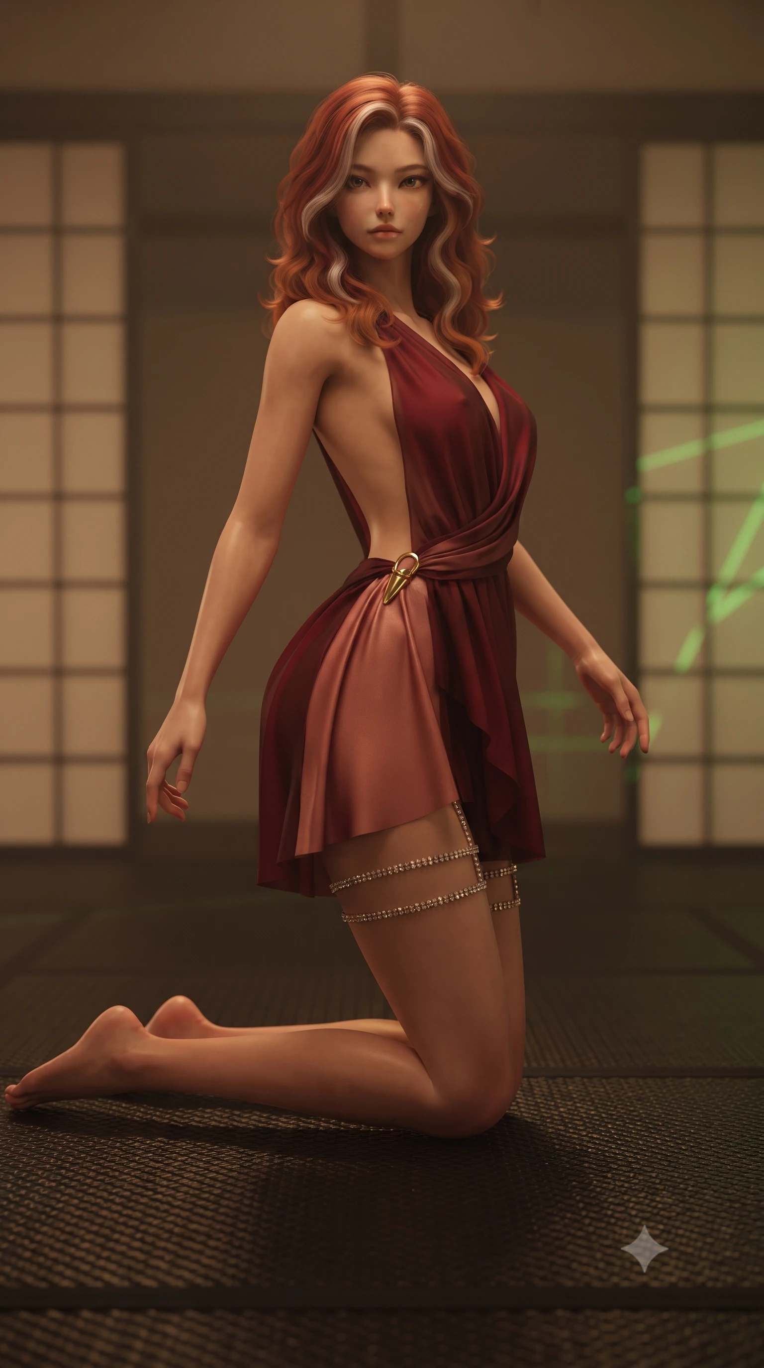 score_9, masterpiece, best quality, ultra-detailed, high-budget anime keyframe, editorial fashion photography, tasteful artistic composition, Caucasian woman. low angle full-body shot from head to toe showing her feet, filling the entire 9:16 vertical frame with her statuesque presence, stretching her vertical silhouette. stepping slowly toward the camera with hypnotic grace, hips swaying in an alluring sensual rhythm that accentuates her curvy hourglass silhouette and long slender legs while kneeling gracefully on the black carbon-fiber tatami with hips angled back, arching her lower back with breathless traditional-cyber allure. The background shows a soft-focus minimalist sliding shoji screens softened in neo-oriental cyberpunk shallow focus. She has an absolutely perfect, statuesque 8.5-heads proportion, an exceptionally tall and slender model-like female figure with impossibly long slender legs, an ultra-slim waist, a flat toned midriff, narrow delicate ribcage, and beautifully sculpted feminine hips creating a graceful, slim hourglass silhouette without any bulky heaviness. sharp v-shaped jawline, high-bridge nose, sparkling eyes with hypnotic seductive depth, thick curled eyelashes, glossy parted lips with a natural dewy peach sheen, alluring bedroom-eyes with an enchanting coquettish smile, exuding magnetic siren charisma and sophisticated glamour, flawlessly proportioned anatomical accuracy, strict slender model proportions, natural body alignment, perfectly sculpted long slender limbs, ultra-slim waistline, clean dynamic posture without body distortion. wearing a draped Greek-goddess style silk chiffon mini toga dress with an open back and golden hip fibula in smoldering crimson wine and deep rose-gold, made of semi-opaque stretch illusion mesh with soft shadowy contours, finished with delicate crystal-encrusted thigh garter straps glinting in the dim light, the glove-like clinging cut tightly following the natural contour of her hips and long slender legs with youthful 8.5-heads elegance. bathed in warm 2800K tea table downlighting mixed with vibrant green laser lattice accents and exterior neon fill. ultra-reflective glossy finish, specular highlights, rich textural contrasts, high-contrast stereoscopic depth, volumetric dynamic lighting, 2k, ultra detail, master piece, 9:16 ratio