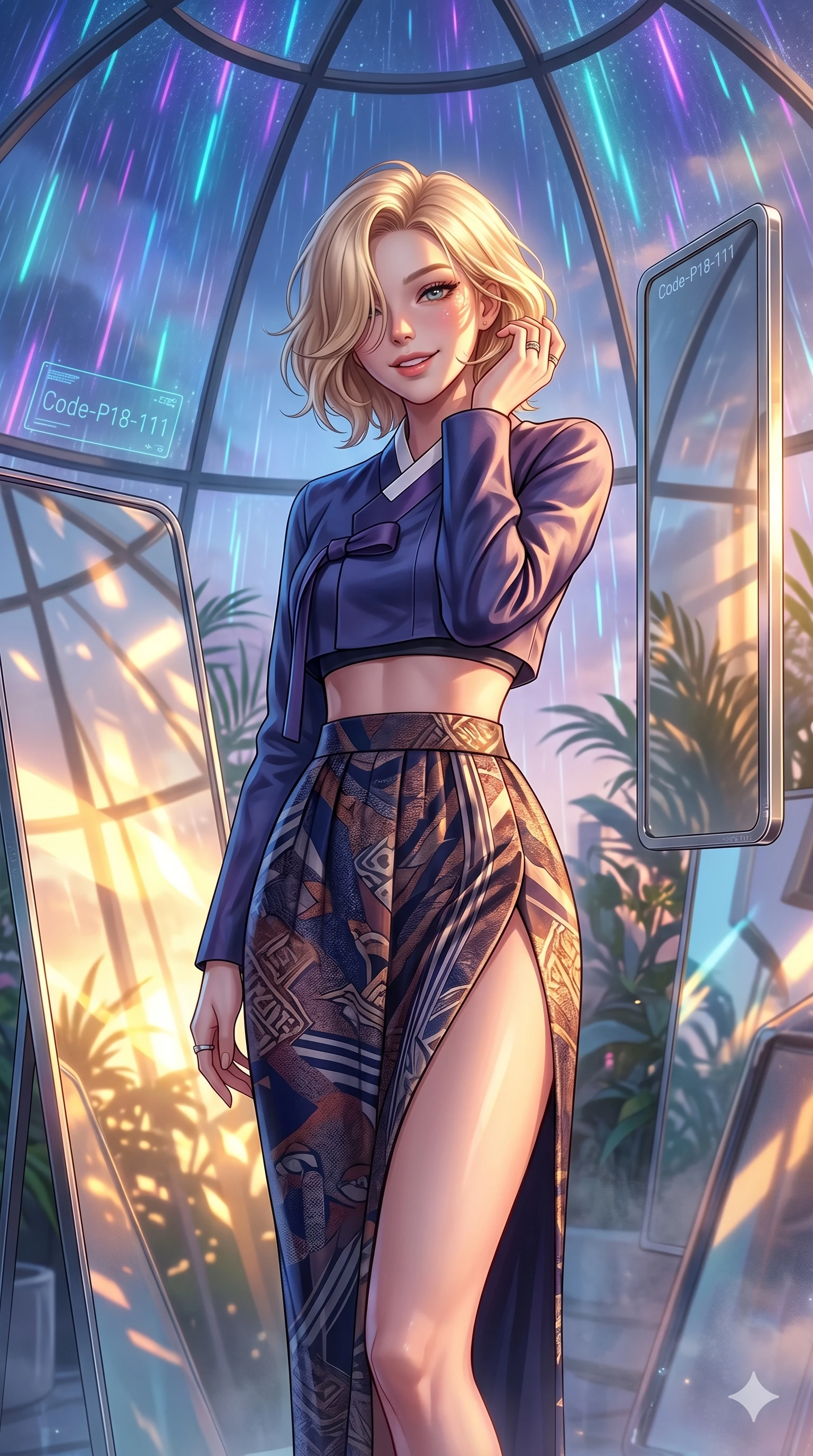 score_9, masterpiece, best quality, ultra-detailed, high-budget anime keyframe, editorial fashion photography, tasteful artistic composition, Caucasian woman, strictly human ears. cowboy shot from the thighs up, character and outfit filling the frame for maximum editorial presence. tilting her head with a playful, teasing smile, letting hair fall over her eyes inside a futuristic glass greenhouse under a dome of falling neon rain (Code-P18-111). She has an absolutely perfect 8-heads proportion, an exceptionally tall and slender female figure with impossibly long slender legs and an ultra-slim waist. V-shaped jawline, high-bridge nose, intricate jewel-like eyes with depth, thick eyelashes, glossy lips with a natural sheen. wearing a fusion hanbok featuring an exposed waist and high slit. warm golden afternoon sunbeams reflecting off the mirrors, casting bright light patterns. 2k, ultra detail, master piece, 9:16 ratio