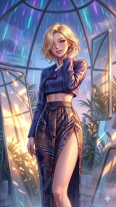score_9, masterpiece, best quality, ultra-detailed, high-budget anime keyframe, editorial fashion photography, tasteful artistic composition, Caucasian woman, strictly human ears. cowboy shot from the thighs up, character and outfit filling the frame