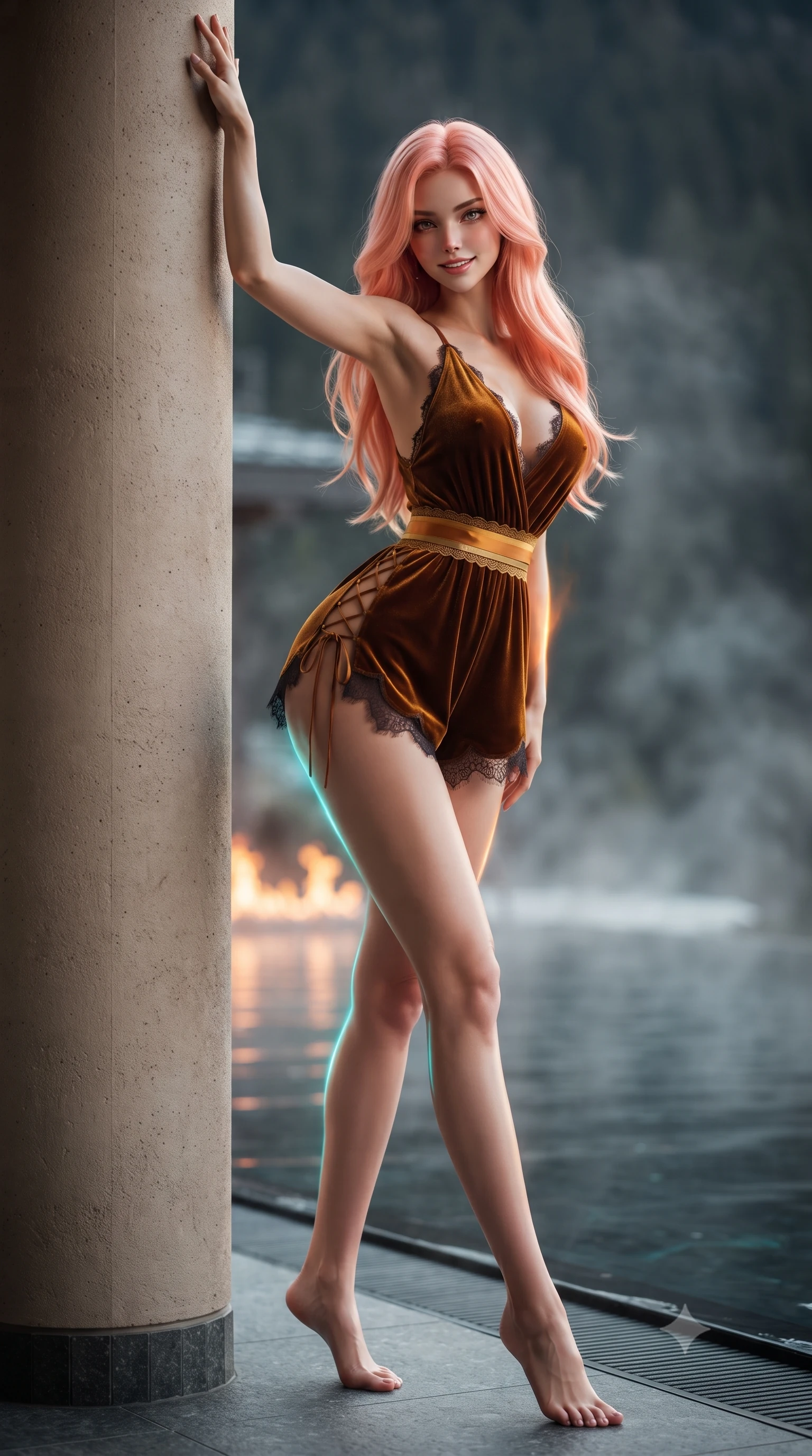 score_9, masterpiece, best quality, ultra-detailed, high-budget anime keyframe, editorial fashion photography, tasteful artistic composition, Japanese woman. low angle full-body shot from head to toe showing her feet, filling the entire 9:16 vertical frame with her statuesque presence, stretching her vertical silhouette. standing tall beside the architectural column, one hand resting high while arching her lower back to emphasize her sculpted feminine hips and slender waist while twisting her slender torso in an alluring contrapposto stance at the water's edge, dancing orange flames and turquoise pool lights tracing her narrow waist and curvy hips. The background shows a soft-focus steaming black water pool surfaces softened in minimalist alpine luxury shallow focus. She has an absolutely perfect, statuesque 8.5-heads proportion, an exceptionally tall and slender model-like female figure with impossibly long slender legs, an ultra-slim waist, a flat toned midriff, narrow delicate ribcage, and beautifully sculpted feminine hips creating a graceful, slim hourglass silhouette without any bulky heaviness. sharp v-shaped jawline, high-bridge nose, sparkling eyes with hypnotic seductive depth, thick curled eyelashes, glossy parted lips with a natural dewy peach sheen, alluring bedroom-eyes with an enchanting coquettish smile, exuding magnetic siren charisma and sophisticated glamour, flawlessly proportioned anatomical accuracy, strict slender model proportions, natural body alignment, perfectly sculpted long slender limbs, ultra-slim waistline, clean dynamic posture without body distortion. wearing a plunge-neck stretch velvet romper with scalloped eyelash-lace hems and a cinched waist ribbon in warm amber honey and antique gold leaf, tailored from ultra-plush velvet with rich tactile depth and deep shadow gradients, featuring fine criss-cross lace-up side ties revealing tantalizing glimpses of her hip curve, the form-contouring silhouette accentuating her sculpted flat midriff, narrow delicate ribcage, and gracefully curvy hips with intoxicating allure. illuminated by water reflection caustics and sharp platinum-gold rim lights sculpting her razor-sharp jawline, narrow waist, and curvy hips. ultra-reflective glossy finish, specular highlights, rich textural contrasts, high-contrast stereoscopic depth, volumetric dynamic lighting, 2k, ultra detail, master piece, 9:16 ratio