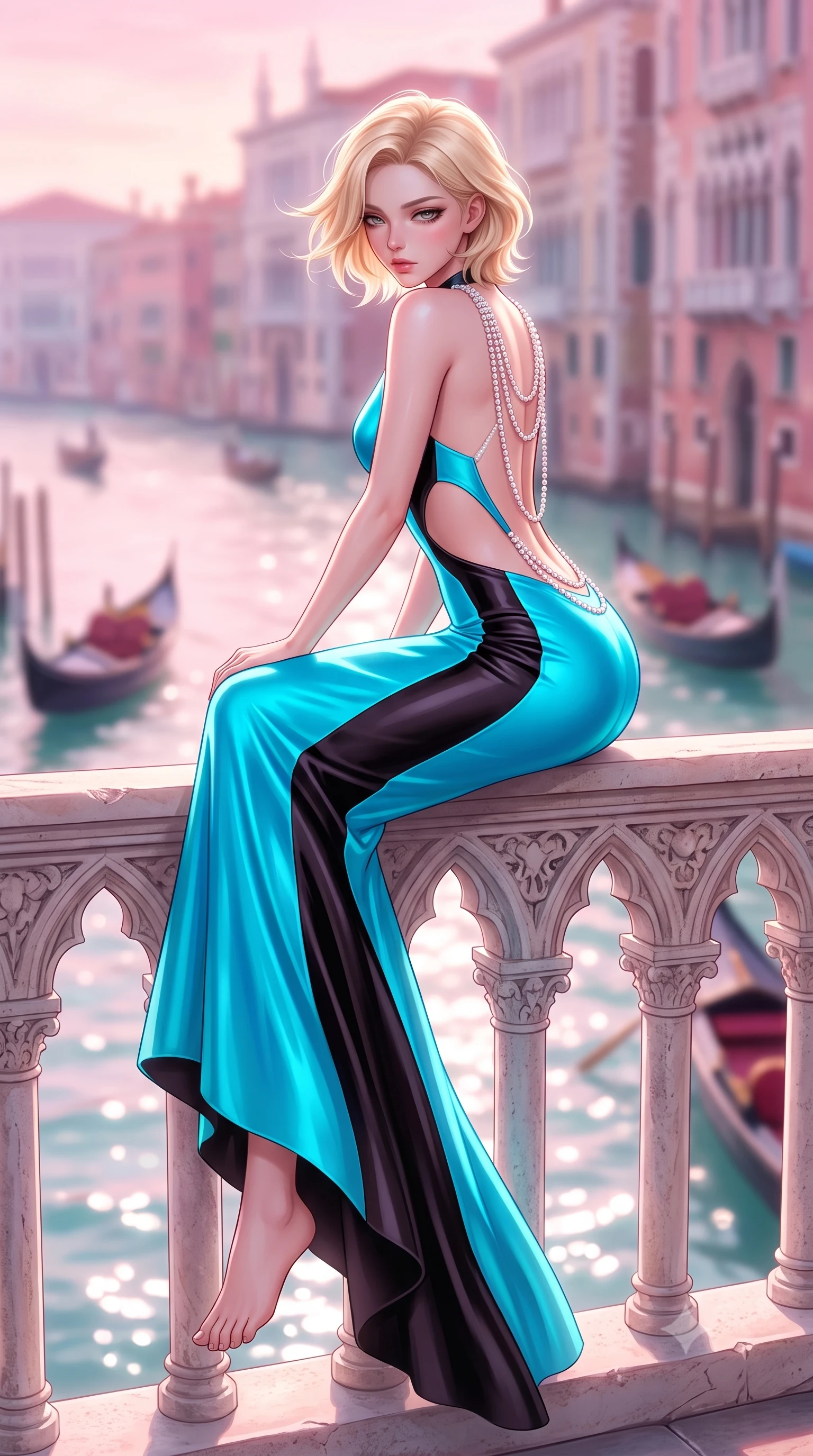 score_9, masterpiece, best quality, ultra-detailed, high-budget anime keyframe, semi-realistic 3D game render, editorial fashion photography, tasteful artistic composition, Caucasian woman. low angle full-body shot from head to toe showing her feet, filling the entire 9:16 vertical frame with her statuesque presence, stretching her vertical silhouette. sitting perched on the elevated edge with hips angled toward the camera and legs crossed, displaying her toned midriff and flawlessly sculpted slender limbs while leaning forward over the carved Istrian stone gothic balustrade, looking back with sleepy seductive morning eyes as sunrise tints the canal pastel pink. The composition keeps background elements in soft focus with creamy bokeh. gliding antique wooden gondolas and historic Venetian palazzo facades blurred into soft rose, lavender, and aquamarine bokeh. She has an exceptionally tall and slender model-like 8.5-heads proportion, an ultra-slim waist, a flat toned midriff, narrow delicate ribcage, and beautifully sculpted feminine hips creating a graceful, slim hourglass silhouette without any bulky heaviness, with impossibly long slender legs. sharp v-shaped jawline, high-bridge nose, intricate jewel-like eyes with depth, thick eyelashes, glossy parted lips with a natural sheen, intensely captivating and seductive bedroom-eyes expression, flawlessly proportioned anatomical accuracy, strict slender model proportions, natural body alignment, perfectly sculpted long slender limbs, ultra-slim waistline, clean dynamic posture without body distortion. wearing a sculptured liquid-satin mermaid gown with an architectural open-waist cutout and bare spine in neon electric cyan and lacquer black, tailored from ultra-smooth duchess satin with a pearlescent sheen, accented with a multi-strand pearl back necklace cascading down her bare spine to her hips, the second-skin form-contouring cut accentuating her sculpted flat midriff, narrow delicate ribcage, and gracefully curvy hips with supermodel precision. illuminated by soft specular water glints carving her razor-sharp jawline, narrow waist, and curvy hips. highly saturated vibrant anime colors, detailed shading with soft gradients, rich glossy textures, high-contrast stereoscopic depth, volumetric dynamic lighting, master piece, 9:16 ratio
