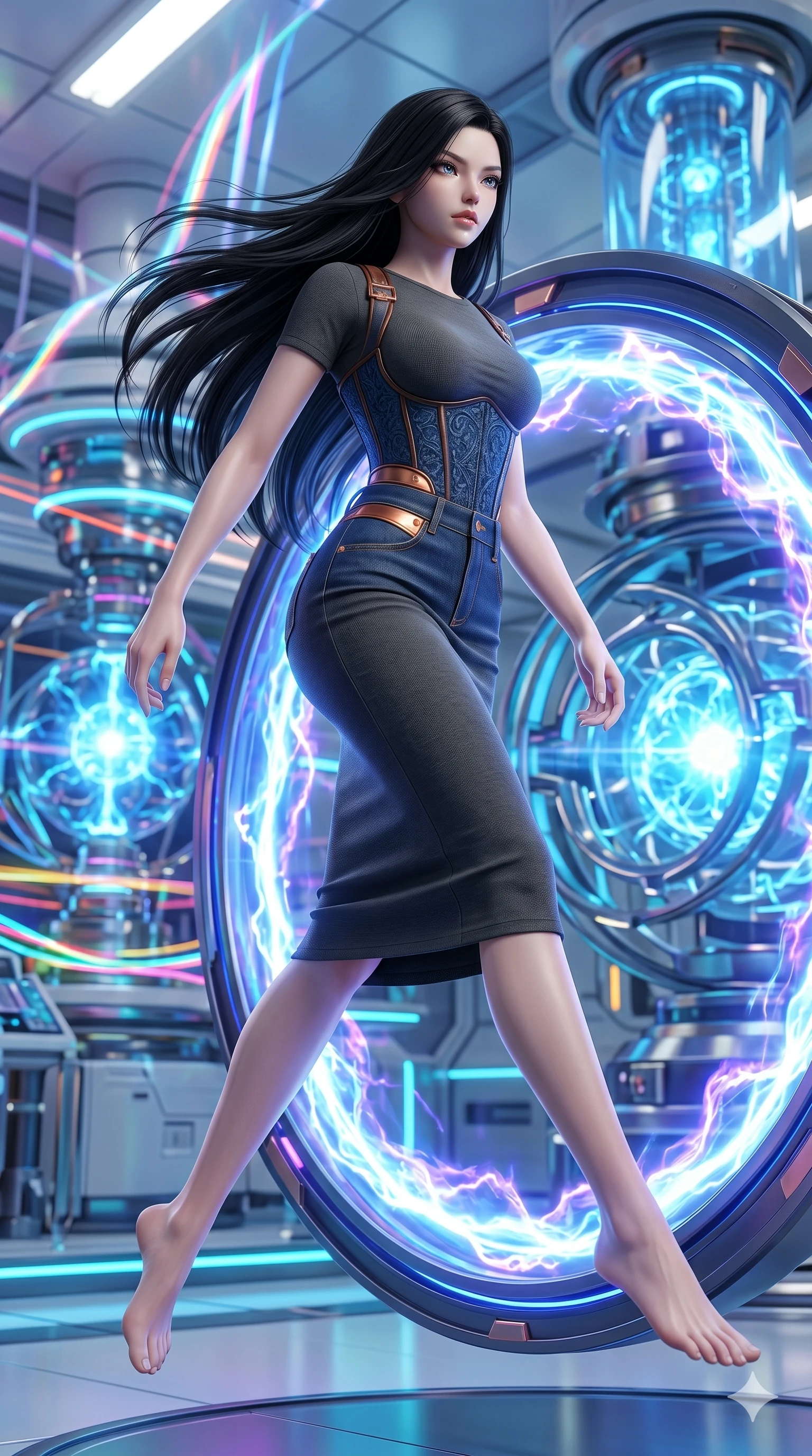 score_9, masterpiece, best quality, ultra-detailed, Set A: Photorealistic 8k CG, Japanese woman. Low angle cowboy shot filling the entire 9:16 frame with her statuesque presence. Leaping through a ring of glowing plasma in a high-tech laboratory. She has an absolutely perfect 8-heads proportion, an exceptionally tall and slender female figure with elegant long slender legs and an slender waist. Sharp v-shaped jawline, high-bridge nose, intricate jewel-like eyes with depth, thick eyelashes, glossy lips. Wearing an Urban Trendsetter outfit: elegant form-fitting dress with high-waist denim and ornate corset. Background is a bright and colorful lab with blue energy cores and vibrant light trails. 2k, ultra detail, master piece, 9:16 ratio
