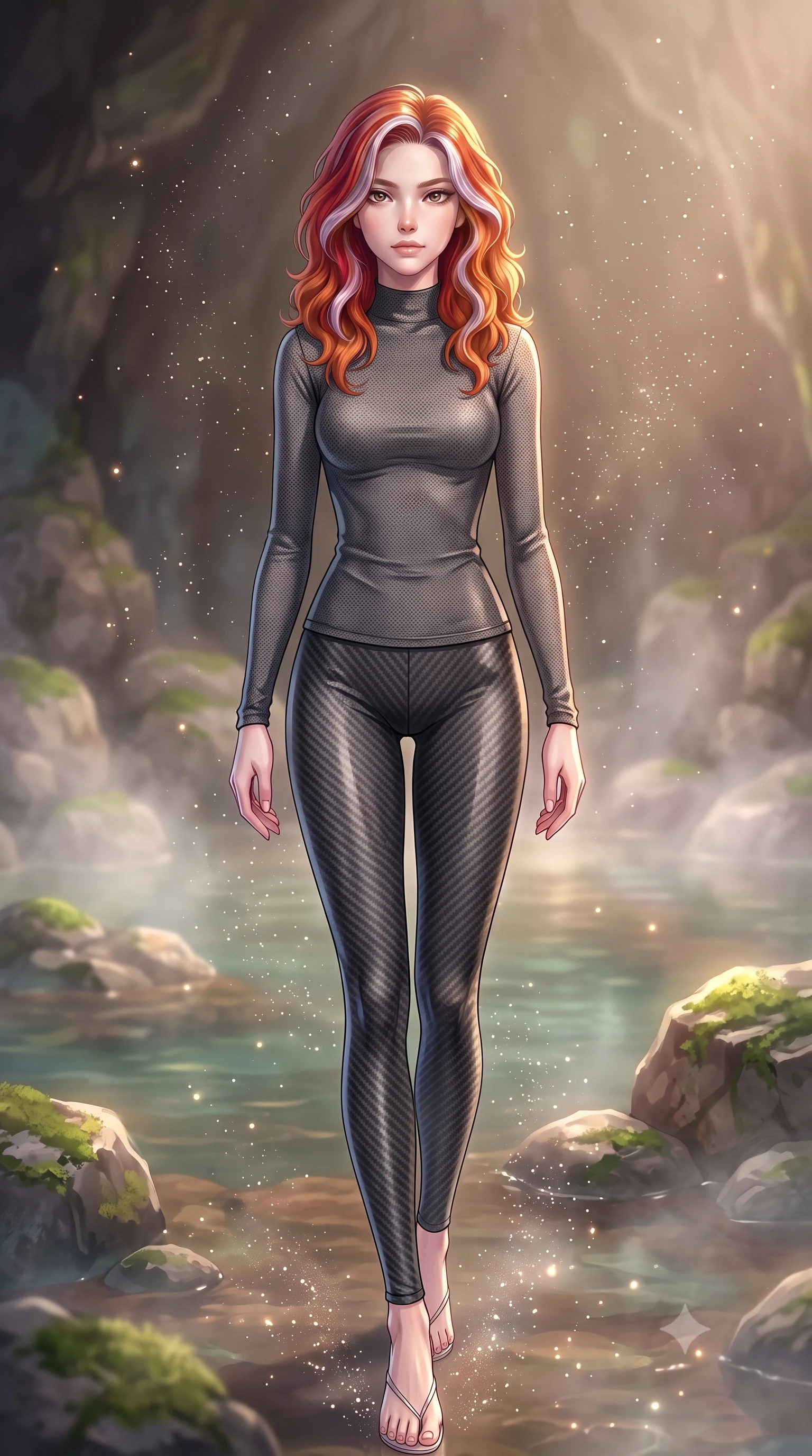 score_9, masterpiece, best quality, ultra-detailed, high-budget anime keyframe, editorial fashion photography, tasteful artistic composition, Caucasian woman. low angle full-body shot from head to toe showing her feet, filling the entire 9:16 vertical frame with her statuesque presence, stretching her vertical silhouette. stepping gracefully through floating stardust particles, her body-contouring suit showing her athletic, slender silhouette, the background shows a soft-focus a cave hot spring pool with mineral steam rising around rocks. She has an absolutely perfect, statuesque 8.5-heads proportion, an exceptionally tall and slender model-like female figure with impossibly long slender legs and an ultra-slim waist. sharp v-shaped jawline, high-bridge nose, intricate jewel-like eyes with depth, thick eyelashes, glossy lips with a natural sheen. wearing a slim-fit body-hugging carbon-mesh mock-neck top paired with tight-fitting carbon-fiber leggings. soft morning mist diffusing the warm starlight, creating a tranquil wash. highly saturated vibrant anime colors, detailed shading with soft gradients, rich glossy textures, high-contrast stereoscopic depth, volumetric dynamic lighting, master piece, 9:16 ratio