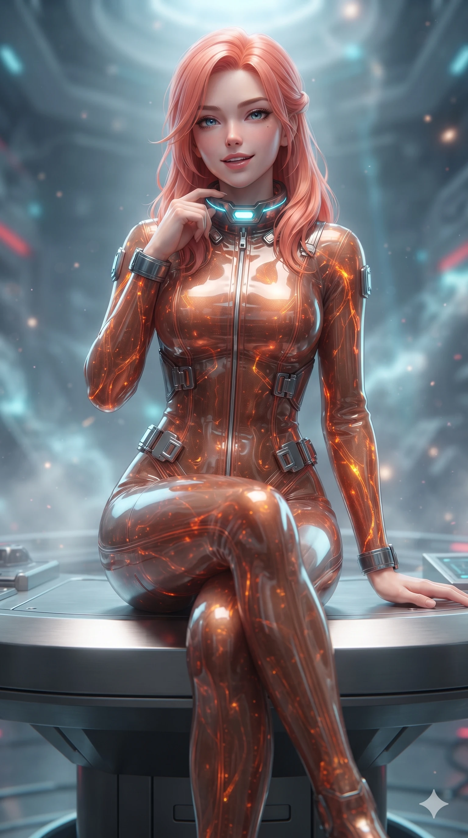 score_9, masterpiece, best quality, ultra-detailed, high-budget anime keyframe, editorial fashion photography, tasteful artistic composition, Japanese woman. close-up cowboy shot from the waist and thighs up, the character dominates the composition, filling the frame with her large presence. tilting her head with a teasing half-smile, running one finger slowly along her glowing comm-link collar in a flirtatious gesture while sitting gracefully on the elevated sensor console with legs crossed, flashing an enchanting, confident smile with parted glossy lips. The background shows a soft-focus quantum particulate haze softened in deep space physics chamber shallow focus. She has an exceptionally elegant, slender, and willowy female figure with an ultra-slim waist, flat toned midriff, narrow ribcage, and sculpted feminine hips creating an alluring, slim hourglass silhouette without bulk. sharp v-shaped jawline, high-bridge nose, intricate jewel-like sparkling eyes with depth, thick eyelashes, glossy parted lips with a natural sheen, bright confident smile with an enchanting and coquettish sensual glint, exuding both youthful magnetic charm and sovereign high-tech allure, flawlessly proportioned anatomical accuracy, strict slender model proportions, natural body alignment, perfectly sculpted long slender limbs, ultra-slim waistline, clean dynamic posture without body distortion. wearing a translucent high-gloss polymer flight suit with internal luminescent wire filigree and tailored waist cinching in fiery geothermal copper and molten amber glow, woven from high-density tech-wool with subtle metallic thread weave, finished with polished chrome buckle hardware and modular magnetic holster clasps, the form-fitting tactical tailoring adhering flawlessly to her sculpted flat midriff and slender torso, emphasizing her long leg lines and perfectly proportioned willowy build. illuminated by polished floor bounce and sharp dual cyan-crimson rim lights defining her razor-sharp jawline, narrow waist, and curvy hips. ultra-reflective glossy finish, specular highlights, rich textural contrasts, high-contrast stereoscopic depth, volumetric dynamic lighting, 2k, ultra detail, master piece, 9:16 ratio