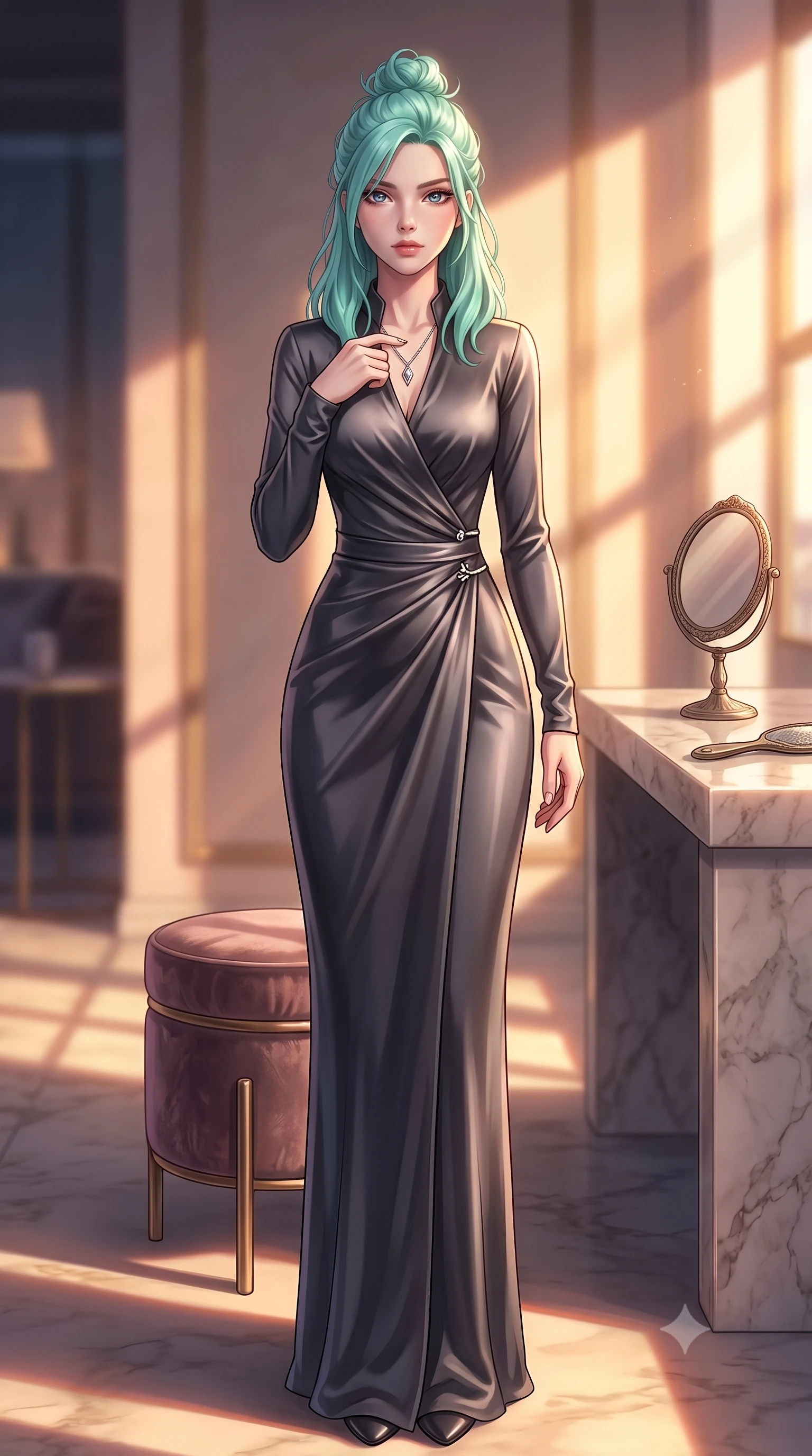 score_9, masterpiece, best quality, ultra-detailed, high-budget anime keyframe, editorial fashion photography, tasteful artistic composition, Japanese woman. low angle full-body shot from head to toe showing her feet, filling the entire 9:16 vertical frame with her statuesque presence, stretching her vertical silhouette. standing tall with statuesque grace, tracing a single finger down her necklace with a smoldering, magnetic expression set against a soft-focus background of inside an exclusive rooftop terrace with a velvet-wrapped stool and an antique hand mirror resting on a marble counter. She has an absolutely perfect, statuesque 8.5-heads proportion, an exceptionally tall and slender model-like female figure with impossibly long slender legs and an ultra-slim waist. sharp v-shaped jawline, high-bridge nose, intricate jewel-like eyes with depth, thick eyelashes, glossy lips with a natural sheen. wearing slim-fit charcoal liquid satin sleek long-sleeve silk wrap dress contouring her ultra-slim waist elegantly accented with delicate silver hardware. bathed in warm golden hour sunbeams that cast long, romantic shadows across the floor. highly saturated vibrant anime colors, detailed shading with soft gradients, rich glossy textures, high-contrast stereoscopic depth, volumetric dynamic lighting, master piece, 9:16 ratio