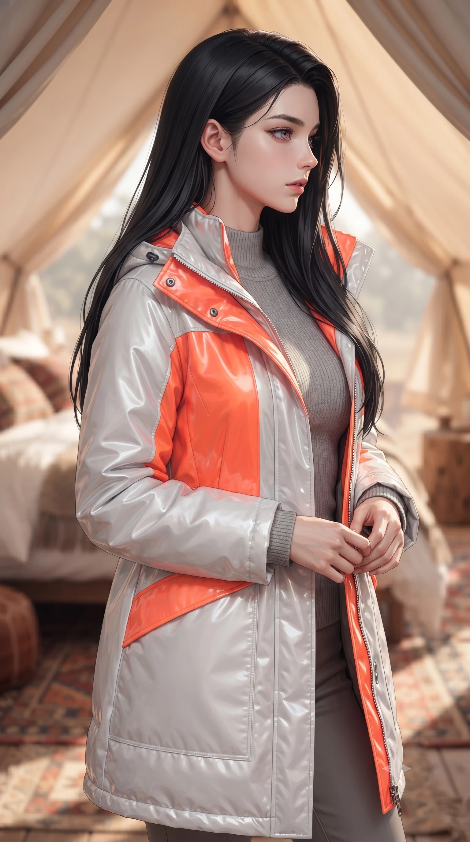 score_9, masterpiece, best quality, ultra-detailed, high-budget anime keyframe, editorial fashion photography, tasteful artistic composition, Korean woman. close-up cowboy shot from the waist and thighs up, the character dominates the composition, filling the frame with her large presence, background elements kept in soft focus. turning her face in sharp profile, casting a cold, mysterious, yet intensely alluring side gaze, the background shows a soft-focus the interior of a glamping tent with a plush bed, bohemian carpets, and canvas walls. She has an exceptionally elegant, slender, and willowy female figure with an ultra-slim waist, a gracefully sculpted slender torso, and a refined silhouette. sharp v-shaped jawline, high-bridge nose, intricate jewel-like eyes with depth, thick eyelashes, glossy lips with a natural sheen. wearing a form-contouring heavy polar-station parka in white and neon orange tech-fabric, over a grey utility sweater. soft diffused daylight filtering through the canvas, creating a warm ambient glow. ultra-reflective glossy finish, specular highlights, metallic sheen, high-contrast stereoscopic depth, volumetric dynamic lighting, 2k, ultra detail, master piece, 9:16 ratio