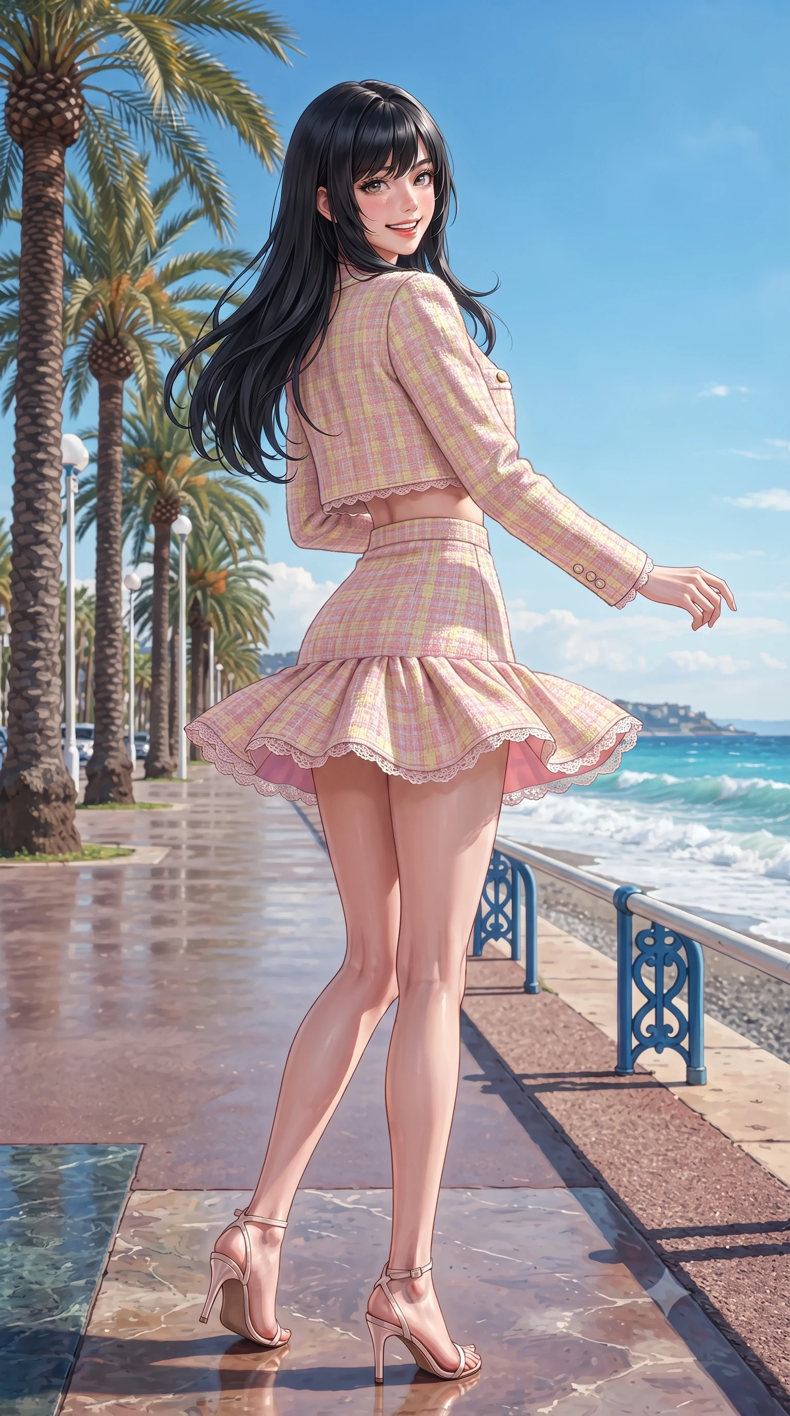 score_9, masterpiece, best quality, ultra-detailed, high-budget anime keyframe, editorial fashion photography, tasteful artistic composition, Caucasian woman. low angle full-body shot from head to toe showing her feet, filling the entire 9:16 vertical frame with her statuesque presence, stretching her vertical silhouette. executing a cheerful mid-motion pivot turn as her skirt flutters around her slender legs, glancing over her shoulder with an intoxicating, teasing cute expression while striding gracefully down the iconic seaside promenade lined with palm trees, arching her back with a radiant, carefree smile as turquoise waves roll in. The surrounding environment is rendered in vivid detail and crisp panoramic clarity. sharp palm trunk bark textures, painted blue metal railing details, and sea foam shoreline caustics in deep focus. She has an exceptionally tall and slender model-like 8.5-heads proportion, an ultra-slim waist, a flat toned midriff, narrow delicate ribcage, and beautifully sculpted feminine hips creating a graceful, slim hourglass silhouette without any bulky heaviness, with impossibly long slender legs. sharp v-shaped jawline, high-bridge nose, intricate jewel-like sparkling eyes with depth, thick eyelashes, glossy parted lips with a natural peach sheen, bright cheerful beaming smile with an enchanting and coquettish sensual glint, exuding both youthful cute charm and seductive allure, flawlessly proportioned anatomical accuracy, strict slender model proportions, natural body alignment, perfectly sculpted long slender limbs, ultra-slim waistline, clean dynamic posture without body distortion. wearing a cute pastel tweed two-piece set with a cropped jacket and ultra-fitted high-waisted mini skirt tracing her hips in sweet strawberry milk pink and butter yellow, crafted from liquid-tight stretch jersey emphasizing every curve, finished with delicate lace scallop edging along the neckline, the precision-cut side openings and low-back scoop framing her graceful spine and the sensual sweep of her slim, toned hips. illuminated by intense turquoise sea surface bounce fill sharply sculpting her razor-sharp jawline, narrow waist, and curvy hips. ultra-reflective glossy finish, specular highlights, rich textural contrasts, high-contrast stereoscopic depth, volumetric dynamic lighting, 2k, ultra detail, master piece, 9:16 ratio