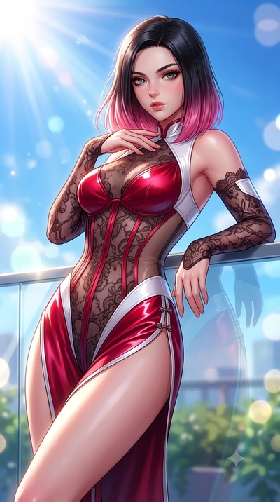 score_9, masterpiece, best quality, ultra-detailed, high-budget anime keyframe, semi-realistic 3D game render, editorial fashion photography, tasteful artistic composition, Korean woman. close-up cowboy shot from the waist and thighs up, the characte