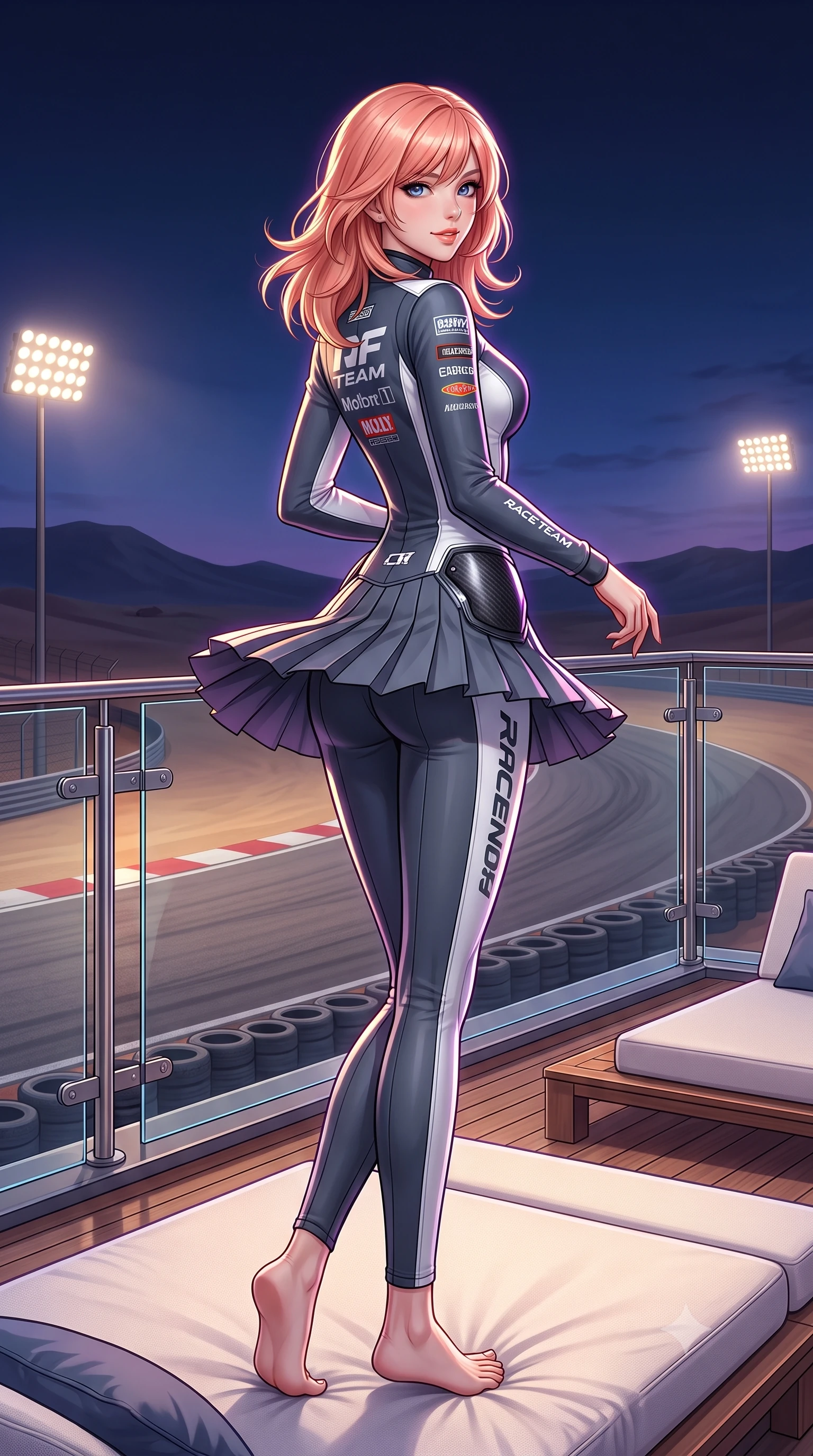 score_9, masterpiece, best quality, ultra-detailed, high-budget anime keyframe, semi-realistic 3D game render, editorial fashion photography, tasteful artistic composition, Japanese woman. low angle full-body shot from head to toe showing her feet, filling the entire 9:16 vertical frame with her statuesque presence, stretching her vertical silhouette. executing an athletic pivot turn as her pleated tennis skirt flutters around her slender legs, glancing over her shoulder with an intoxicating, teasing bedroom-gaze while lounging on an outdoor illuminated daybed propped on one elbow with legs crossed, her statuesque presence commanding the desert twilight circuit. The surrounding environment is rendered in vivid detail and crisp panoramic clarity: sharp glass parapet bevels, brushed aluminum deck fittings, and racetrack curbing texture in deep focus. She has an absolutely perfect, statuesque 8.5-heads proportion, an exceptionally tall and slender model-like female figure with impossibly long slender legs, an ultra-slim waist, a flat toned midriff, narrow delicate ribcage, and beautifully sculpted feminine hips creating a graceful, slim hourglass silhouette without any bulky heaviness. sharp v-shaped jawline, high-bridge nose, sparkling eyes with athletic focus and depth, thick curled eyelashes, glossy parted lips with a natural coral-peach sheen, bright confident and coquettish smile with alluring bedroom-eyes, exuding both youthful sporty vigor and sovereign high-society glamour, flawlessly proportioned anatomical accuracy, strict slender model proportions, natural body alignment, perfectly sculpted long slender limbs, ultra-slim waistline, clean dynamic posture without body distortion. wearing a second-skin compression stretch racing catsuit with racing team sponsor graphics and sculpted carbon hip guards in speedway charcoal slate and optic white accents, tailored from crisp cotton poplin with clean aerodynamic structural lines, finished with polished chrome zipper pulls and racing harness buckle hardware, the glove-like aerodynamic silhouette tightly following the natural contour of her hips and long slender legs with youthful 8.5-heads elegance. illuminated by track floodlight bounce and sharp violet-gold rim lights sculpting her razor-sharp jawline, narrow waist, and curvy hips. highly saturated vibrant anime colors, detailed shading with soft gradients, rich glossy textures, high-contrast stereoscopic depth, volumetric dynamic lighting, master piece, 9:16 ratio
