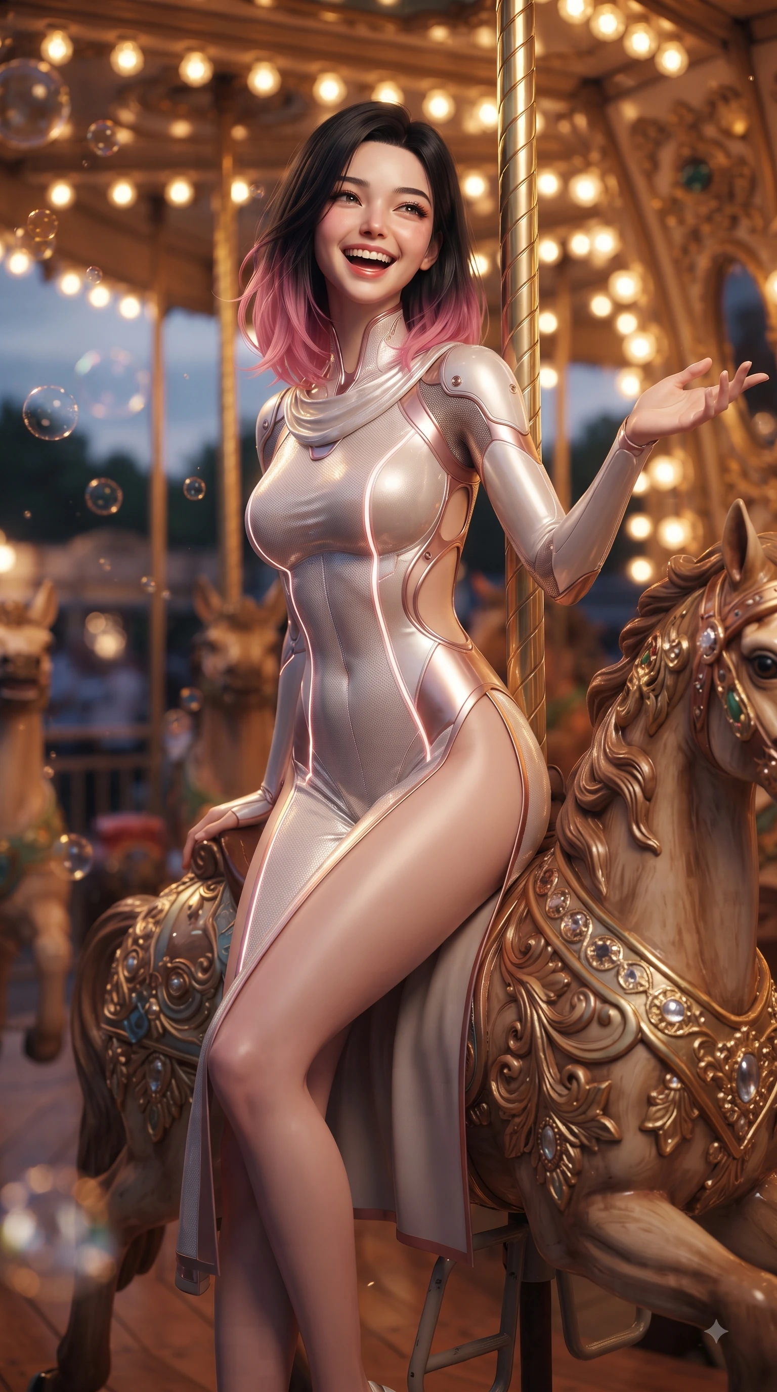 score_9, masterpiece, best quality, ultra-detailed, high-budget anime keyframe, editorial fashion photography, tasteful artistic composition, Korean woman. close-up cowboy shot from the waist and thighs up, the character dominates the composition, filling the frame with her large presence, background elements kept in soft focus. Enchanting happy smile, her eyes twinkling like jewels in the bright sunlight as one arm reaches out playfully while riding a ornate wooden carousel horse with a pure, joyful laughing expression at dusk, thousands of warm vintage light bulbs casting glowing golden circles in soft bokeh. She has an exceptionally elegant, slender, and willowy female figure with an ultra-slim waist, a gracefully sculpted slender torso, and a refined silhouette. sharp v-shaped jawline, high-bridge nose, intricate jewel-like eyes with depth, thick eyelashes, glossy lips with a natural sheen, flawlessly proportioned anatomical accuracy, natural body alignment, perfectly sculpted elegant limbs, clean dynamic posture without body distortion. wearing a skin-tight cybernetic bodysuit with glowing neon seams and side cutouts in pearl white and rose gold, made of fine carbon-fiber weave and soft matte leather, finished with a sleek side slit ascending to mid-thigh, the elegant draped fit framing her graceful clavicle and slender torso. illuminated by cheerful festive backlighting with soft golden bokeh bubbles. ultra-reflective glossy finish, specular highlights, metallic sheen, high-contrast stereoscopic depth, volumetric dynamic lighting, 2k, ultra detail, master piece, 9:16 ratio