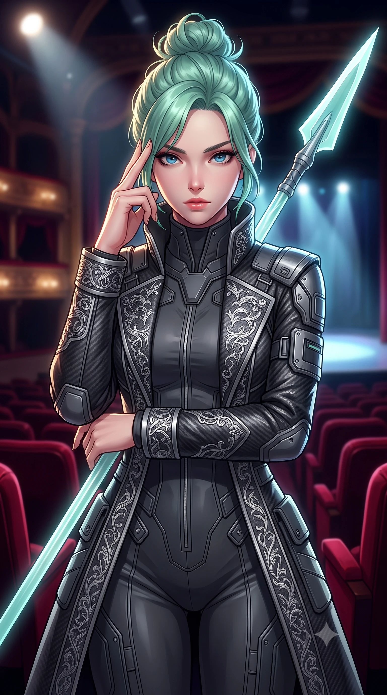 score_9, masterpiece, best quality, ultra-detailed, high-budget anime keyframe, editorial fashion photography, tasteful artistic composition, Japanese woman. close-up cowboy shot from the waist and thighs up, the character dominates the composition, filling the frame with her large presence, background elements kept in soft focus. pressing two fingers to her temple while holding a light-spear diagonally behind her in a composed thoughtful gesture, the background shows a soft-focus an intimate opera box seating with plush velvet chairs facing a glowing stage. She has an exceptionally elegant, slender, and willowy female figure with an ultra-slim waist, a gracefully sculpted slender torso, and a refined silhouette. sharp v-shaped jawline, high-bridge nose, intricate jewel-like eyes with depth, thick eyelashes, glossy lips with a natural sheen. wearing a tailored carbon-fiber combat coat with silver embroidery, worn over a protective high-collar charcoal jumpsuit. dramatic theater stage lights casting a bright key light and deep shadows on her. highly saturated vibrant anime colors, detailed shading with soft gradients, rich glossy textures, high-contrast stereoscopic depth, volumetric dynamic lighting, master piece, 9:16 ratio